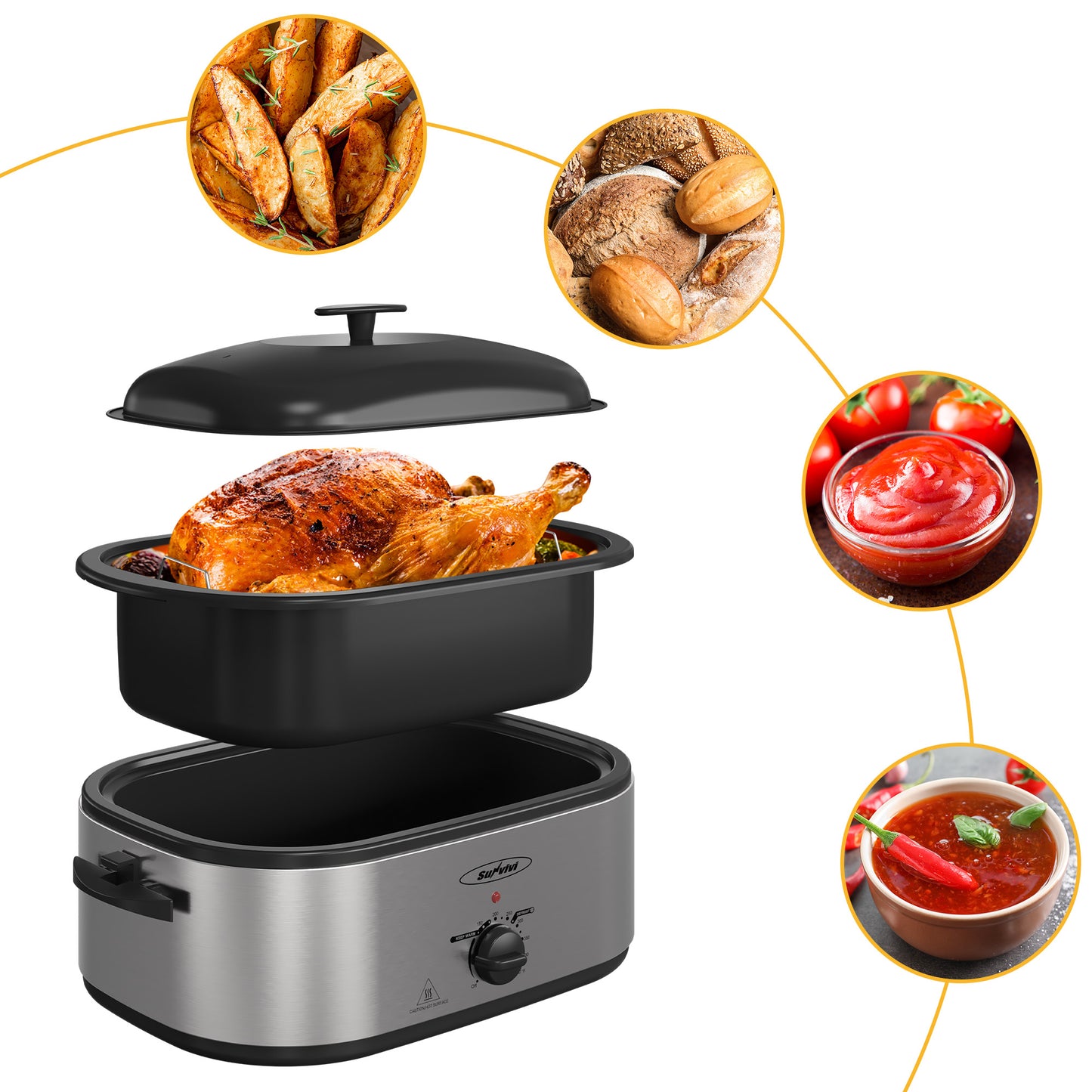 Electric Roaster Oven, 18 QT Turkey Roaster with Self-Basting Lid and Buffet Server, Roaster Oven with Adjustable Temperature Control, Removable Pan & Rack for Turkey, Pizza, Meat, Stainless Steel, Silver