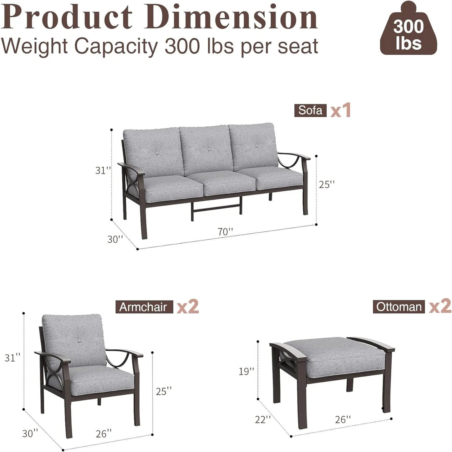 Outdoor Patio Furniture Set, 5 Piece Patio Conversation Set with Ottomans, Metal Furniture Set for Porch Backyard Garden, Grey