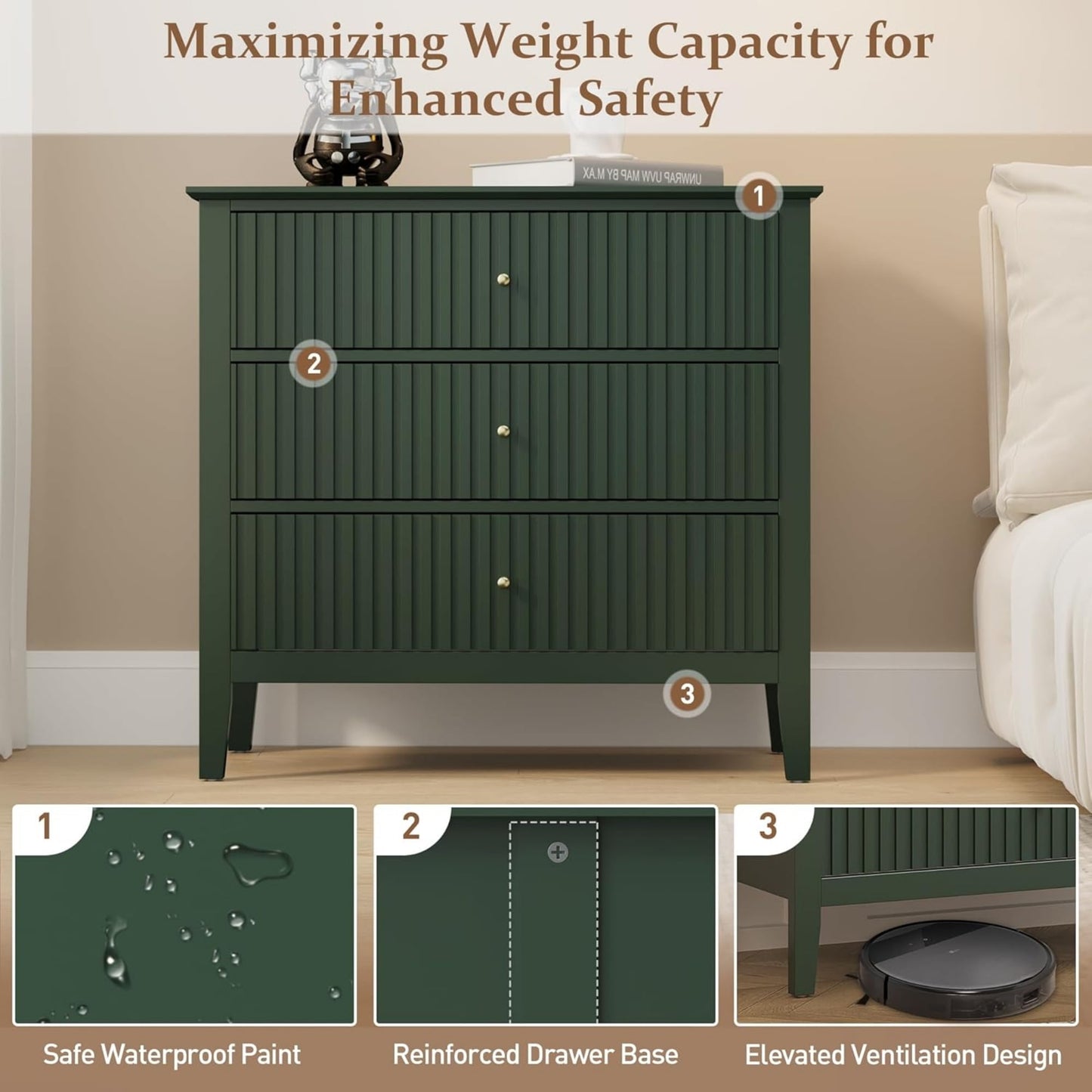 Superjoe Green 3 Drawer Dresser, Painted 30 Inch Tall Wood Nightstand with Storage, Wide Modern Chest of Drawers with Ball Bearing Slide for Bedroom Hallway Living Room Entryway Office