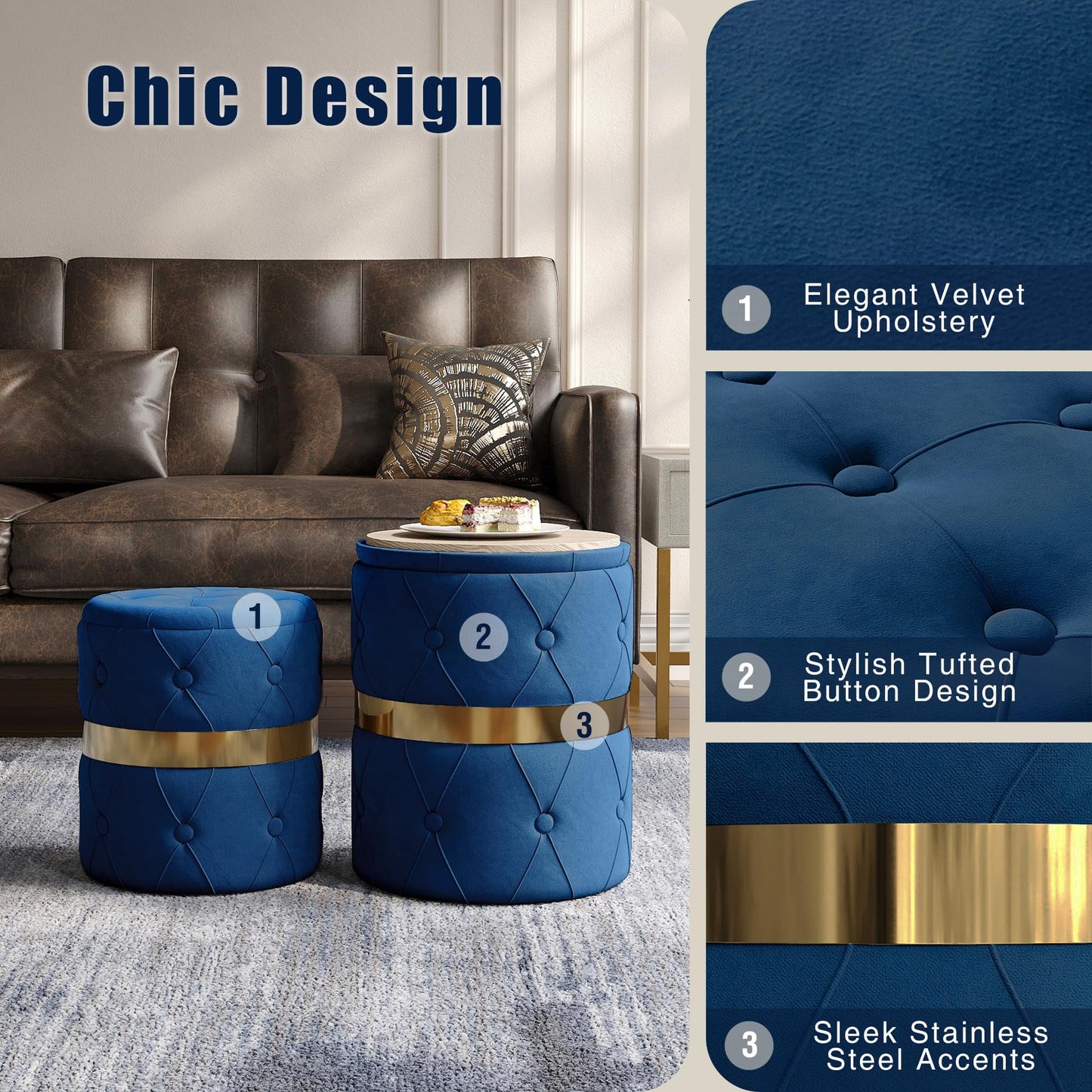 CozyHome Storage Ottoman Set of 2, Versatile Footrest Stool with Stainless Steel Base, Modern Round Vanity Stool Chair Foot Stools, Support 200lbs Padded Seat, for Living Room, Bedroom, Blue