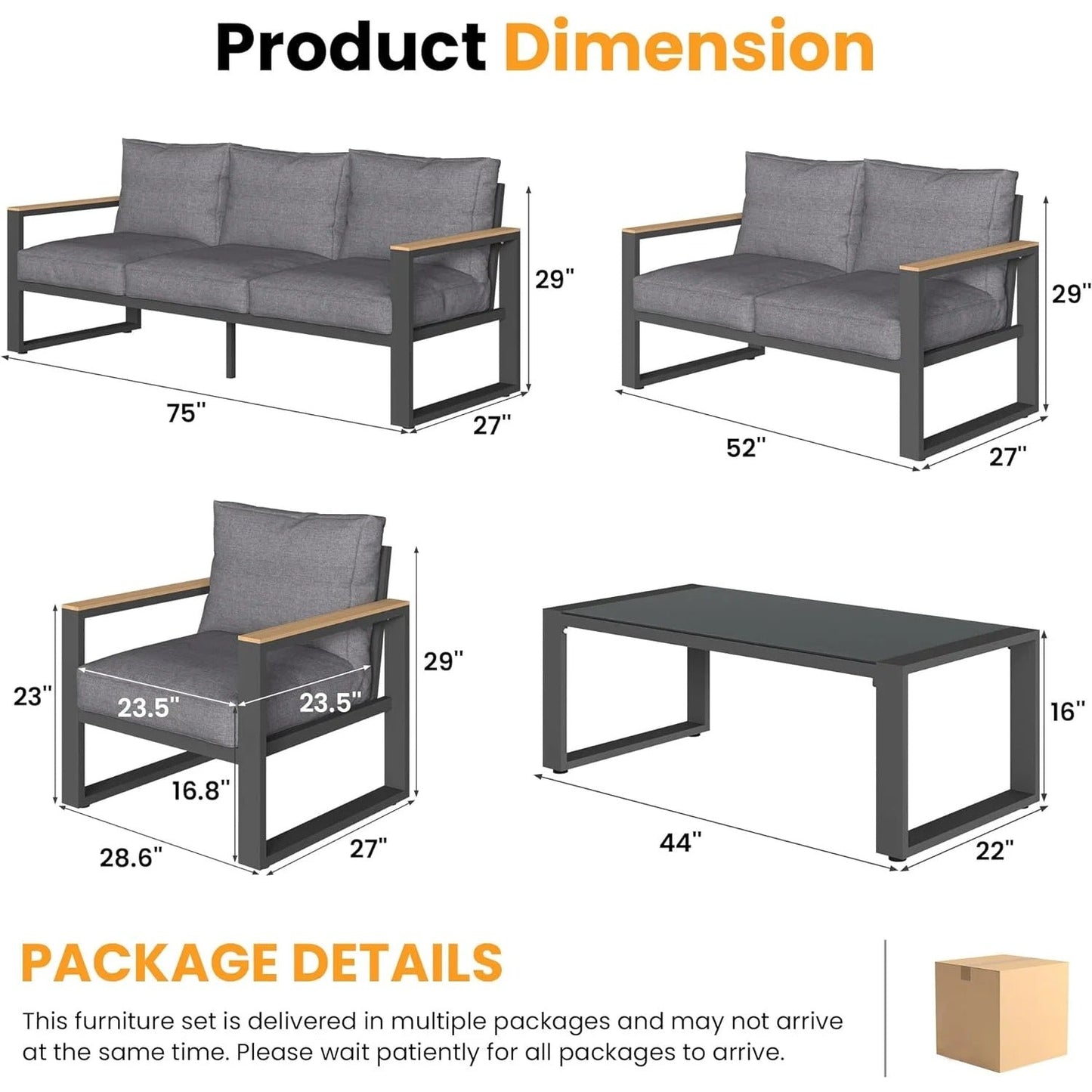 sunvivicollection Aluminum Patio Furniture Set, 8 Piece Outdoor Conversation Set with Coffee Table, Metal Outdoor Patio Furniture Set for Porch Backyard Garden, Grey