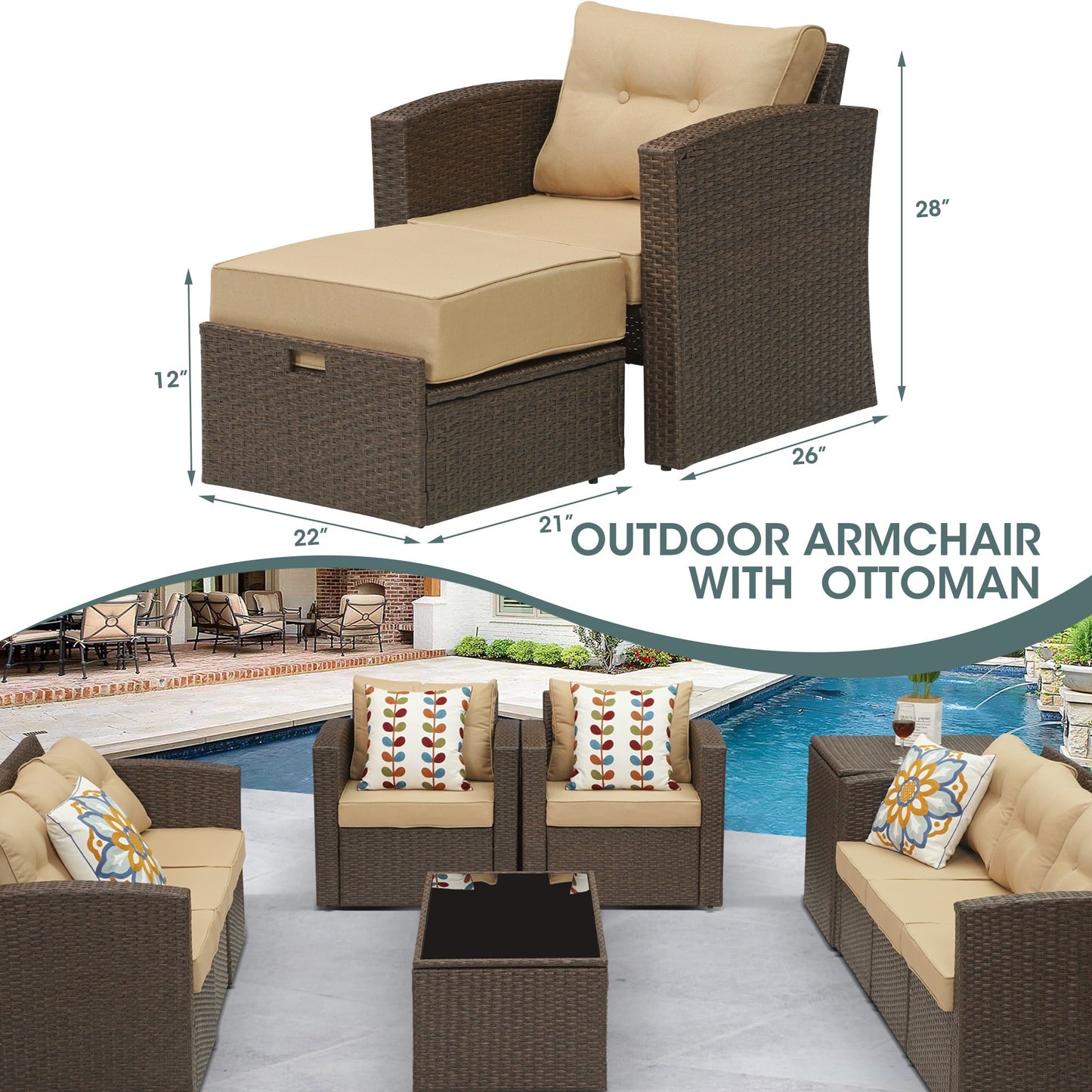 SUNVIVI OOTDOOR 4 Pieces Wicker Furniture Single Chair with Ottoman,All-Weather Brown Rattan Outdoor ArmChair Sofa Set with Beige Non-slip Cushions,Aluminum Frame