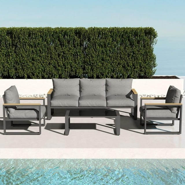 RoyalCraft Aluminum Patio Furniture Set, 7 Piece Outdoor Conversation Set with Coffee Table, Metal Outdoor Patio Furniture Set for Porch Backyard Garden, Grey