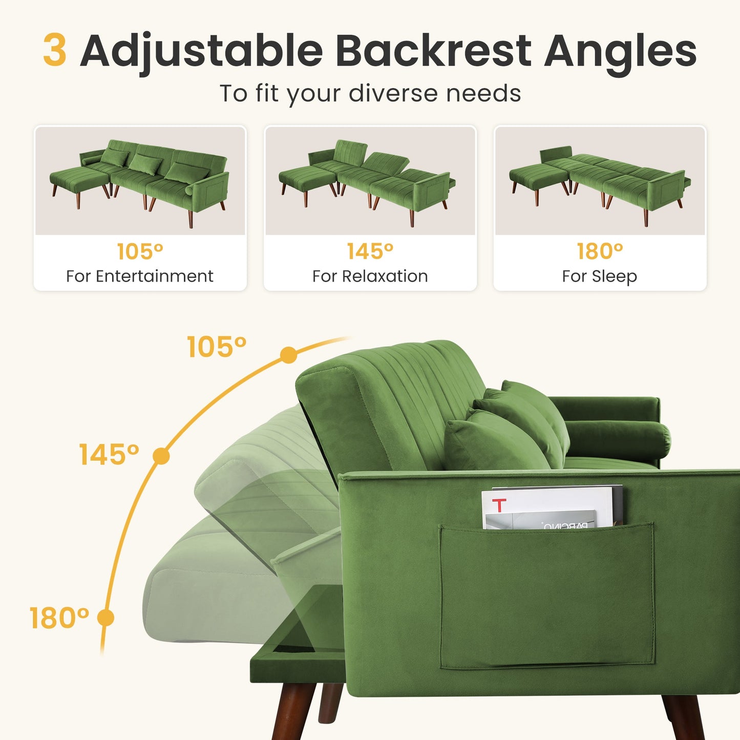 RoyalCraft Sleeper Sectional Sofa Bed£¬ L-Shaped Convertible Sofa with Reclining Backrest and Movable Ottoman£¬ Modern Velvet Fabric Couch for Living Room, Apartment