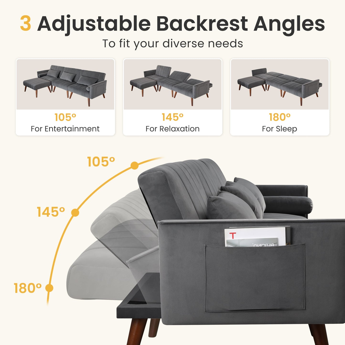 RoyalCraft Sleeper Sectional Sofa Bed£¬ L-Shaped Convertible Sofa with Reclining Backrest and Movable Ottoman£¬ Modern Velvet Fabric Couch for Living Room, Apartment