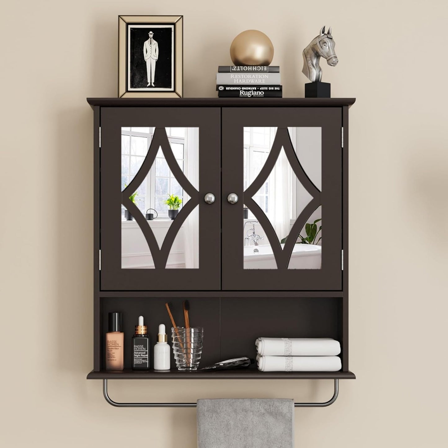 CozyHome Bathroom Medicine Cabinet with Mirror, Vanity Wall Mounted Storage Cabinet with Adjustable Shelves and Towel Bar, Hanging Wall Cabinet for Bathroom, Laundry, Living Room, Brown
