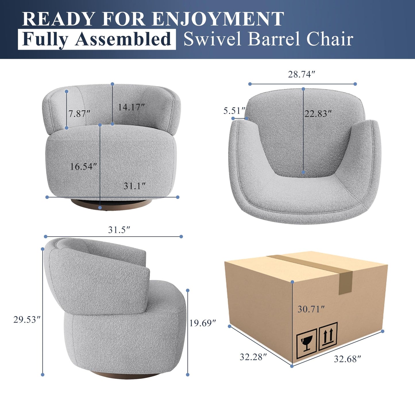 CozyHome Swivel Accent Chair, Fully Assembled Round Barrel Chairs, Oversized Upholstered Armchair with 360-Degree Base, Modern Club Chair for Living Room, Bedroom, Office, Grey