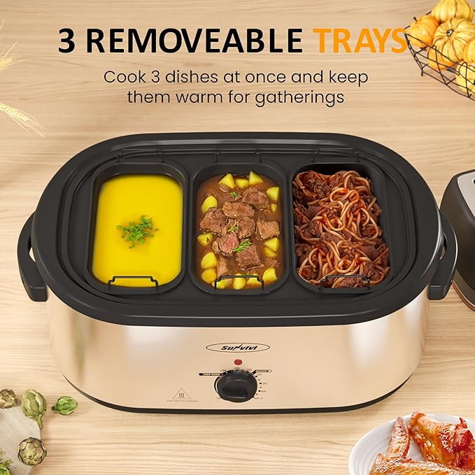 Superjoe Electric Roaster Oven, 24 QT Roaster with 3 Compartments and Self-Basting Lid, Turkey Roaster Oven with 150-450°F Full-Range Temperature Control, Removable Pan , Stainless Steel, Silver
