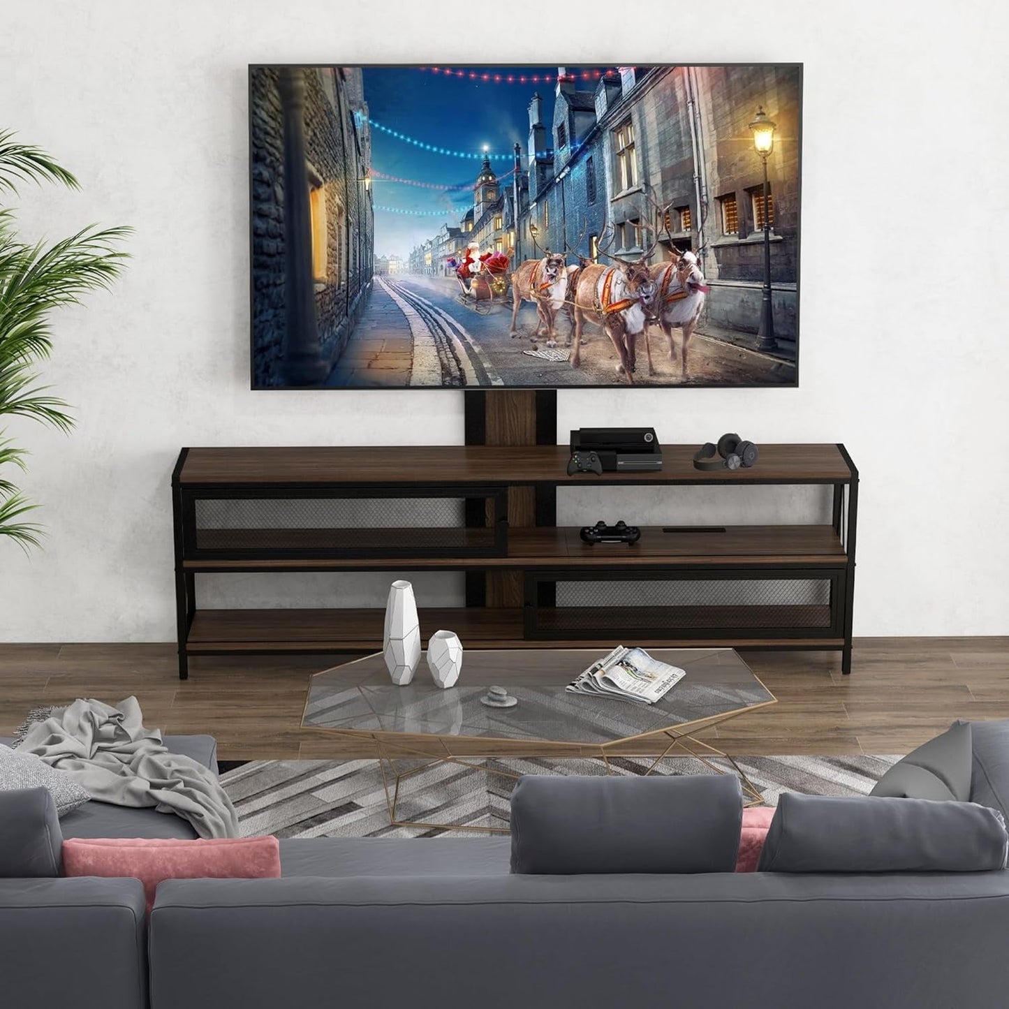 Cozyhom TV Stand with Mount and LED Light, Swivel Entertainment Center for TVs up to 70 Inches, 3-Tier Gaming Media Console Table with Power Outlet for Living Room, Bedroom, Office, Rustic Brown