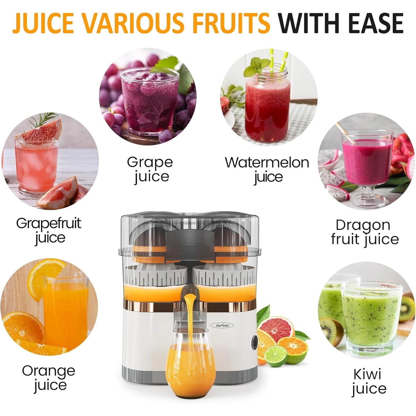 Superjoe Dual-Head Electric Citrus Juicer, Rechargeable Juicer Machine with USB Charging & Cleaning Brush, Portable Lemon Squeezer for Fresh Orange, Lemon, Lime, Kiwi, Grapefruit, Easy to Clean & Use