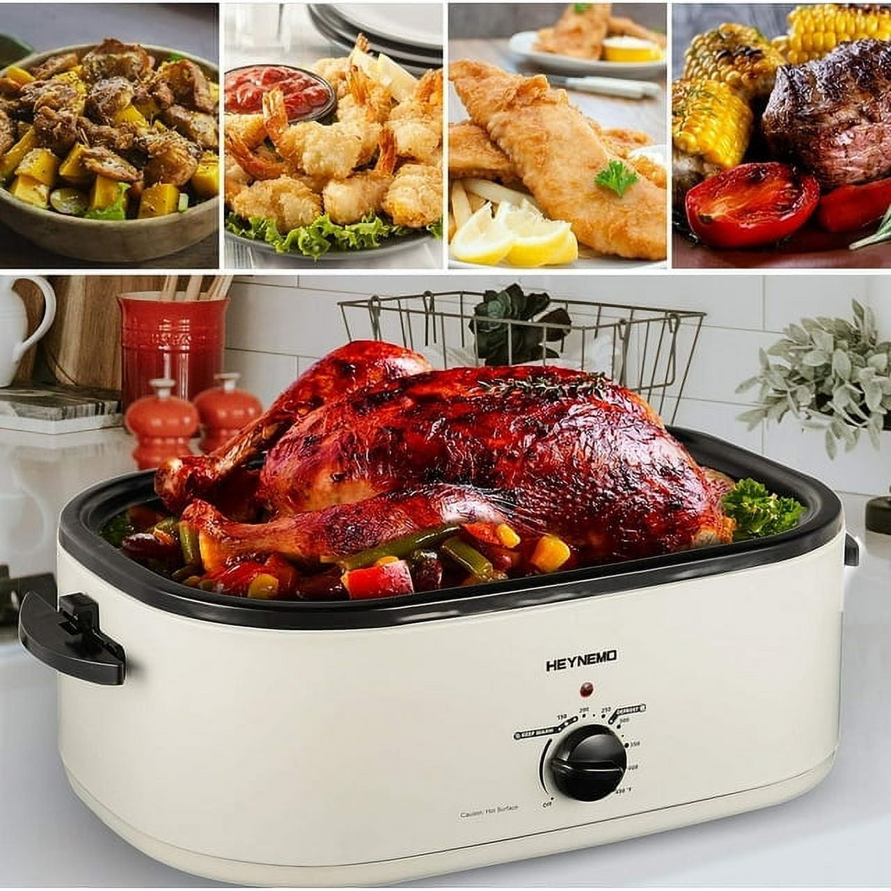 CozyHome 24 QT Electric Stainless Steel Turkey Roaster Oven, Self-Basting Lid Removable Insert Pot Perfect for Gathering and Dining, White