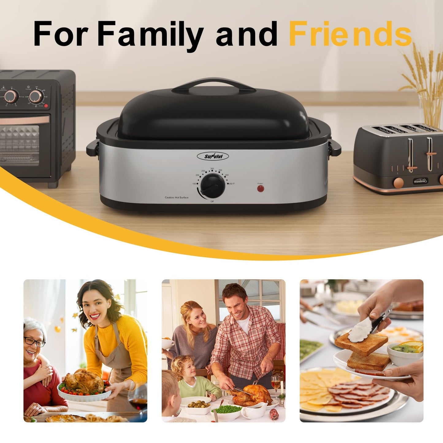 Superjoe 14-Quart Electric Roaster Oven with Self-Basting Lid, Turkey Roaster Oven with Rack, Stainless Steel, Silver