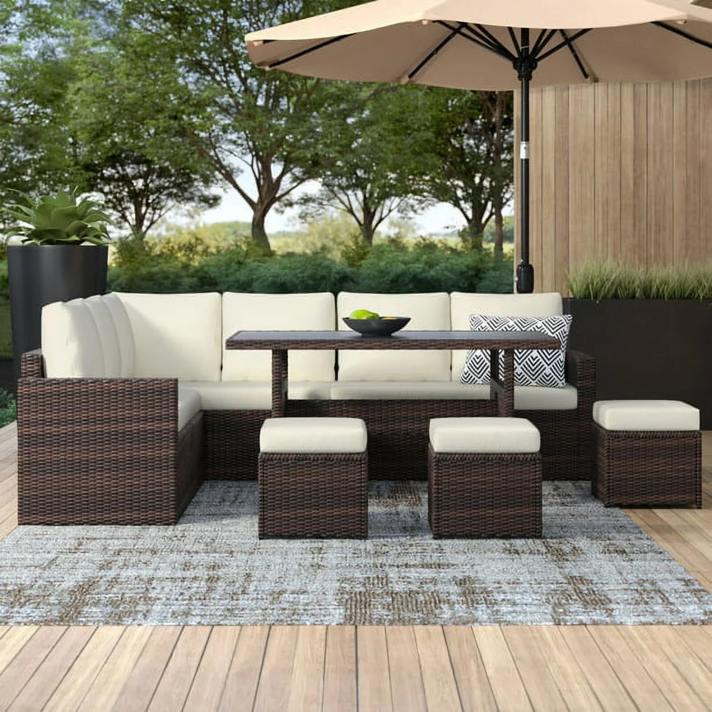 CozyHom 7 Pcs Outdoor Patio PE Wicker Sectional Dining Sofa Furniture Set, Rattan Sectional Conversation Furniture Set With Dining Table, Beige