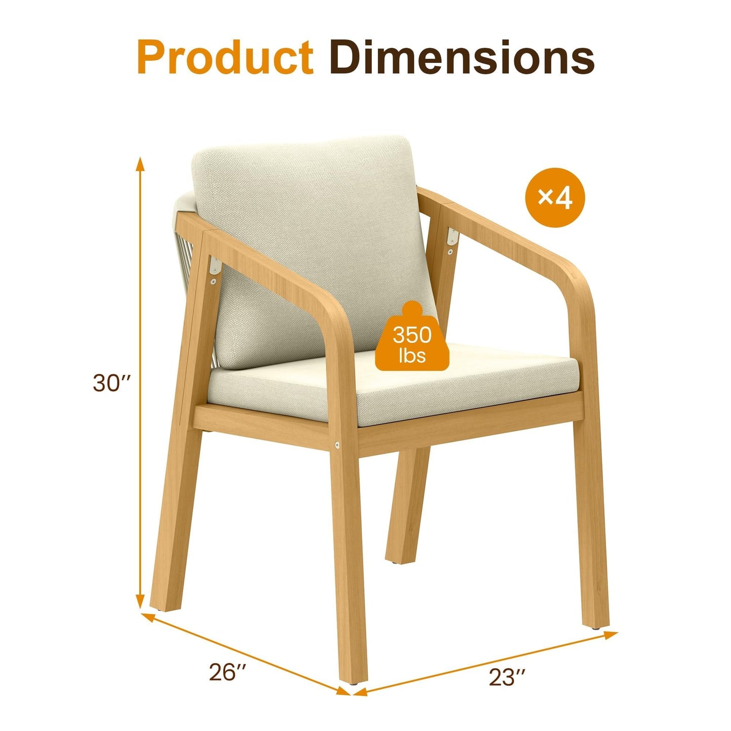 Heynemo Acacia Patio Dining Chairs Set of 4, Outdoor Wood Dining Chairs with Thick Cushions, Modern Patio Chairs with Woven Rope Backrest for Porch, Backyard, Garden, Indoor, Beige