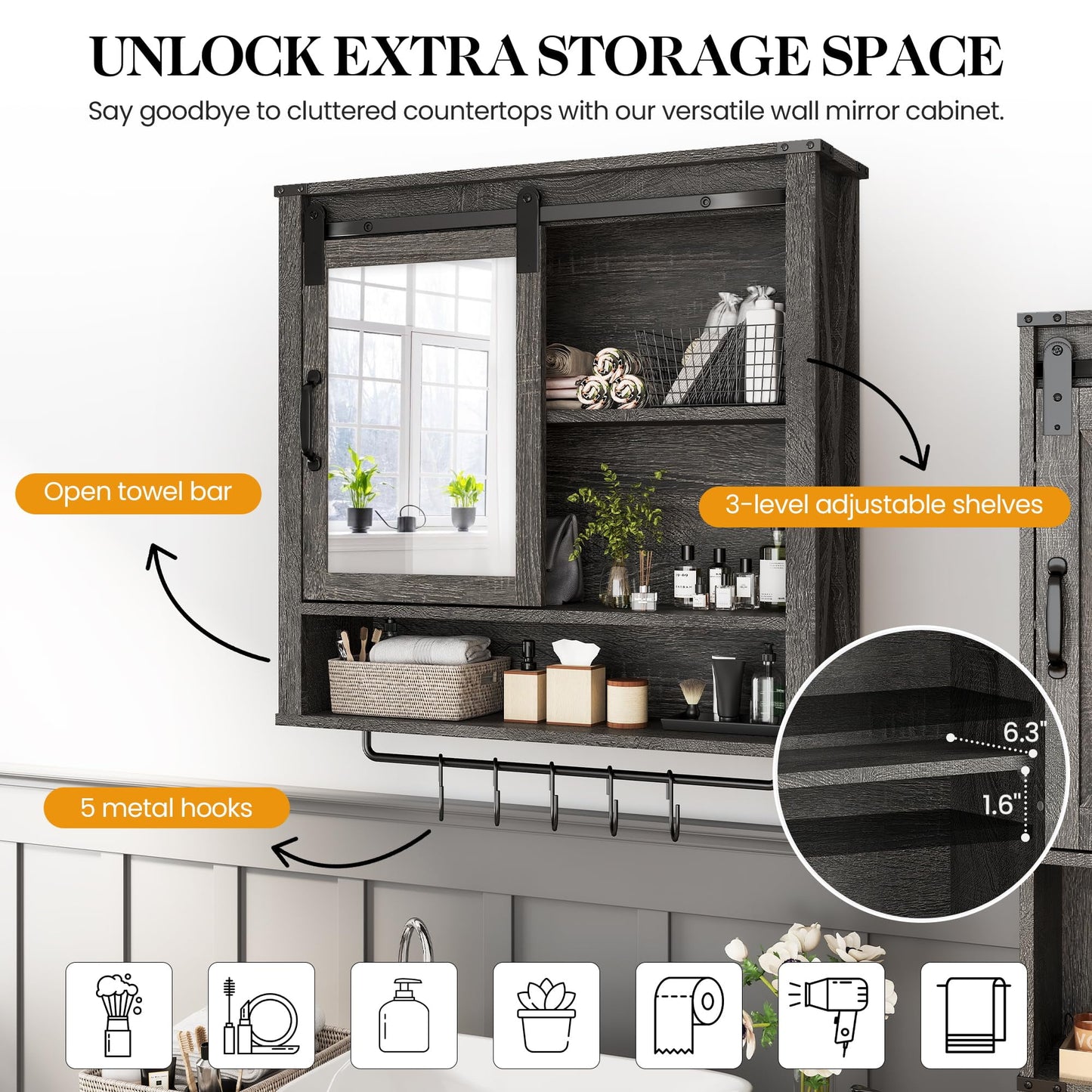 CozyHome 28in Bathroom Cabinet Wall Mount with Sliding Mirror Door, Over The Toilet Storage Cabinet, Farmhouse Medicine Cabinet with Shelves and Towel Bar for Living Room, 28" W x 29" H, Dark Grey