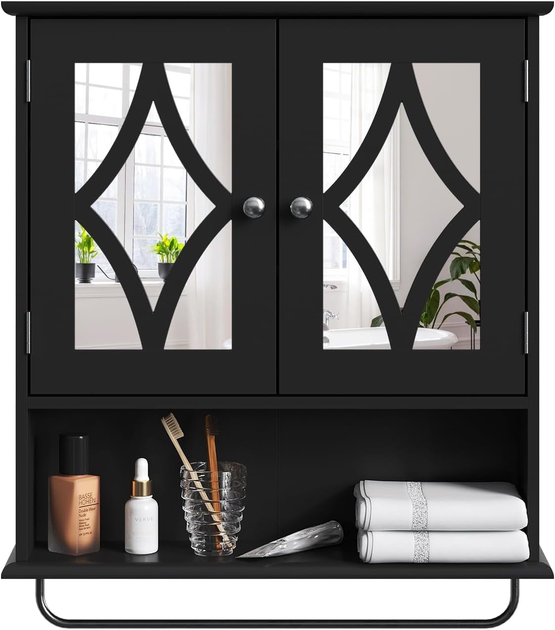 Superjoe Bathroom Medicine Cabinet with Mirror, Vanity Wall Mounted Storage Cabinet with Adjustable Shelves and Towel Bar, Hanging Wall Cabinet for Bathroom, Laundry, Living Room, Black