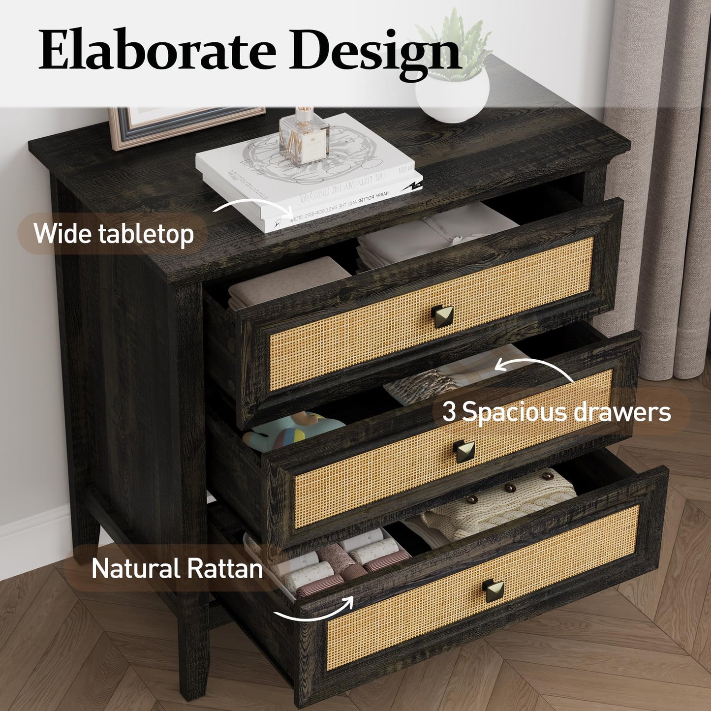Superjoe 3 Drawer Nightstand, Rattan Dresser Table with Cane Drawers, Tall Boho Bedside Table Cabinet for Bedroom, Living Room, Entryway, Hallway, Coffee