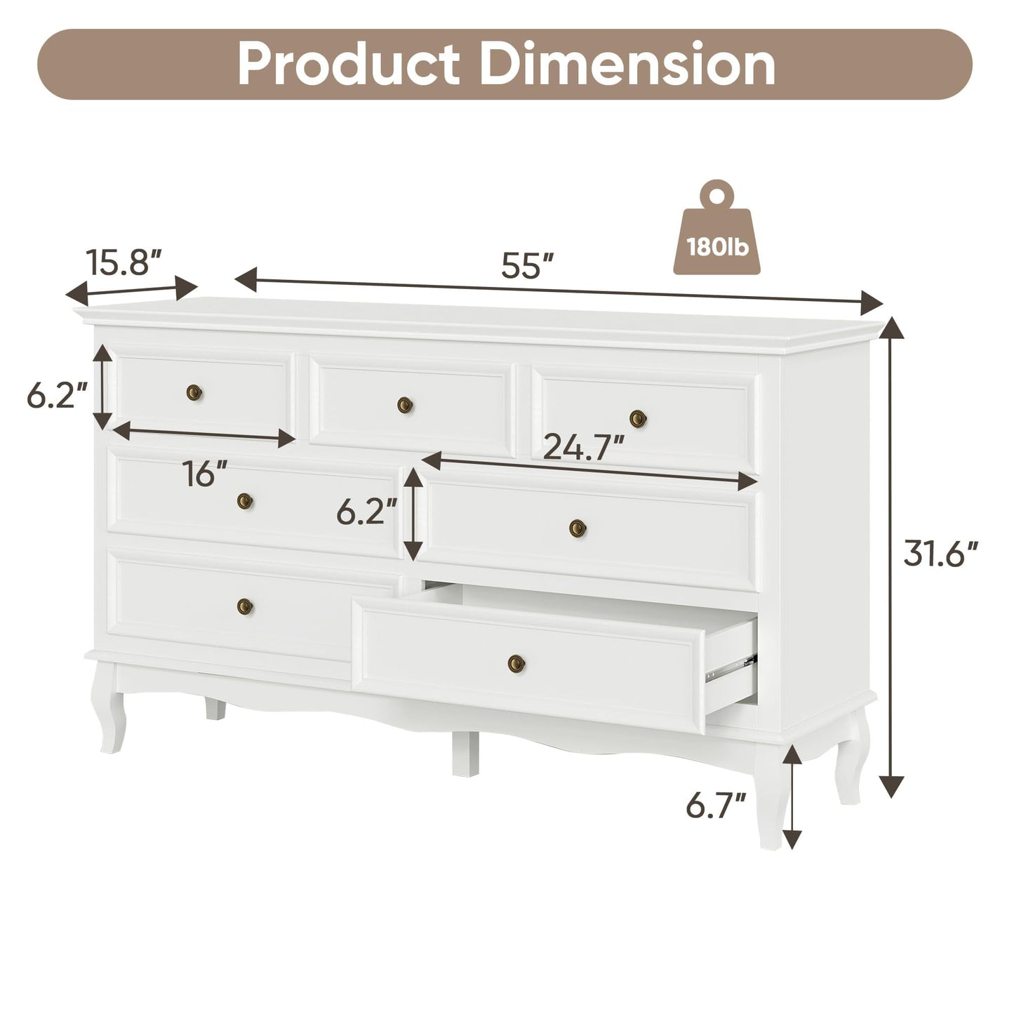 White 7 Drawer Dresser with Ball Bearing Slide, Sturdy Frame Modern Wood Dresser Wide Nightstand Cabinet for Bedroom, Living Room, Hallway, Entryway