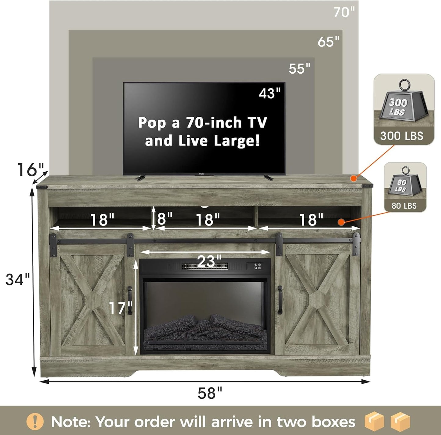CozyHom Electric Fireplace TV Stand for 65+ Inch TV, Farmhouse Entertainment Center with 23" Electric Fireplace with Remote, Modern Rustic TV Console with Sliding Bar Door for Living Room, Light Gray