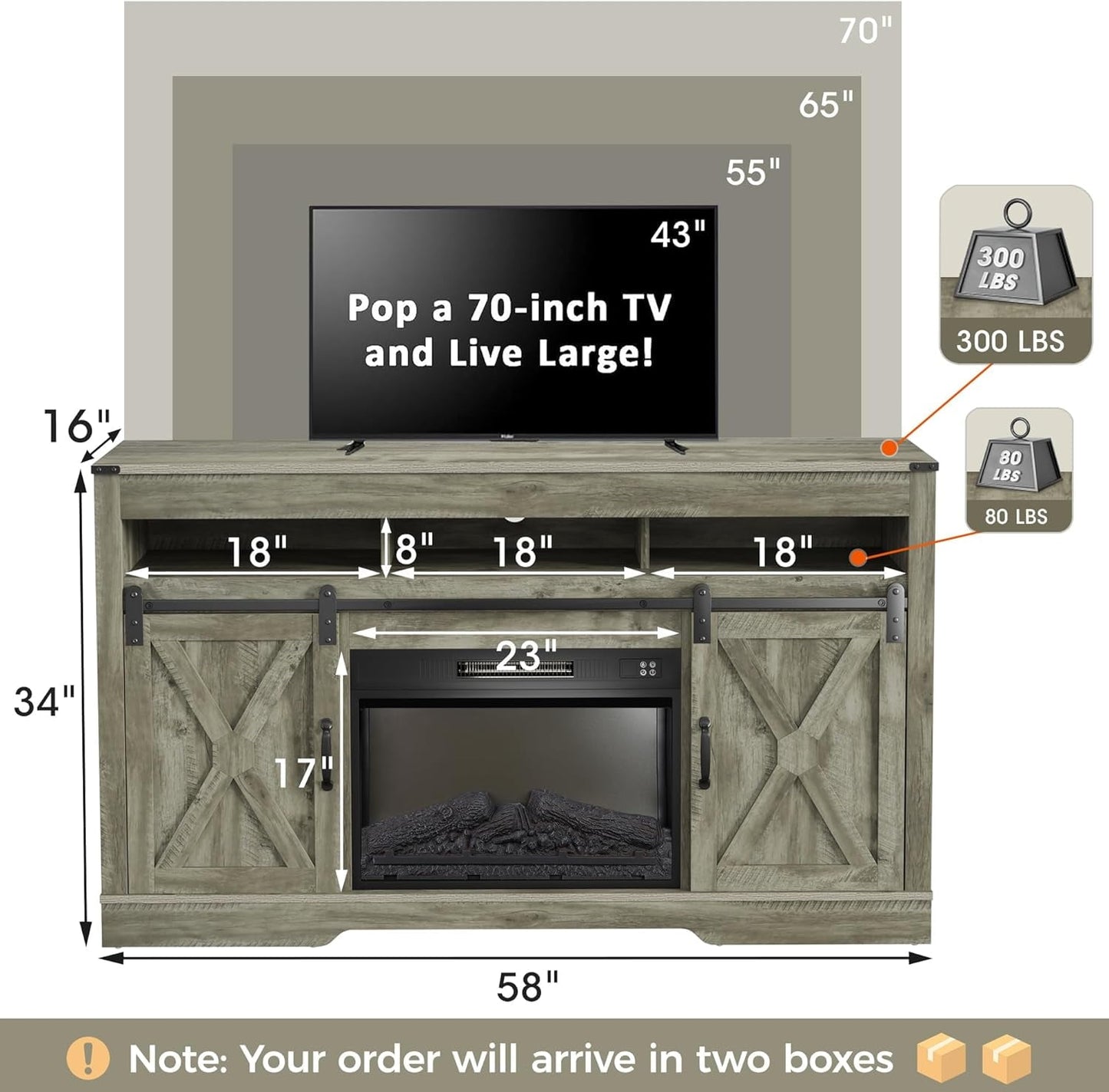 RoyalCraft Fireplace TV Stand for 65+ inch TV, Farmhouse Entertainment Center with 23" Electric Fireplace with Remote, Modern Rustic TV Console with Sliding Bar Door for Living Room