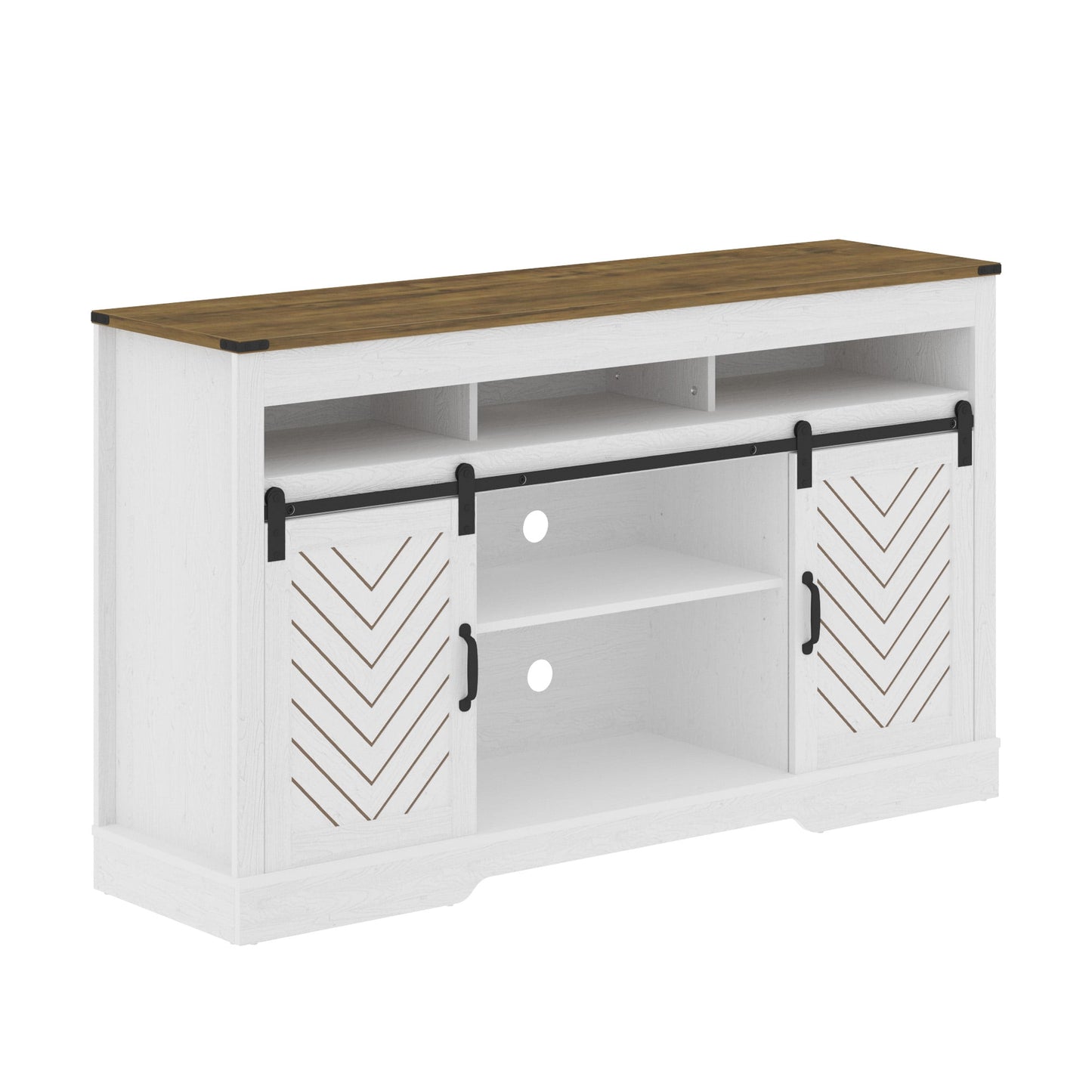 Superjoe TV Stand for TVs up to 70", 34" Tall Entertainment Center w/Sliding Doors, Modern Wood Media Console Storage Cabinet for Living Room Bedroom, Wood-Tone and White