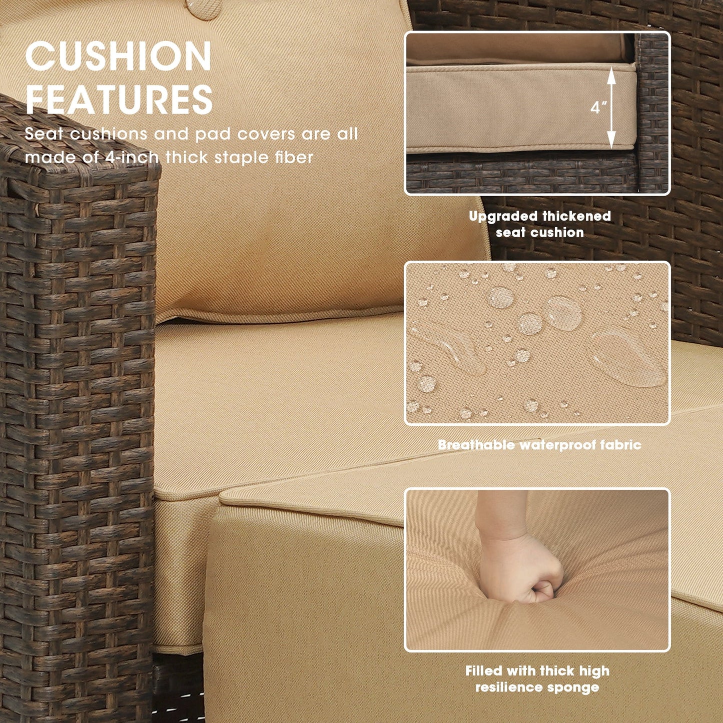 SUNVIVI OOTDOOR 4 Pieces Wicker Furniture Single Chair with Ottoman,All-Weather Brown Rattan Outdoor ArmChair Sofa Set with Beige Non-slip Cushions,Aluminum Frame