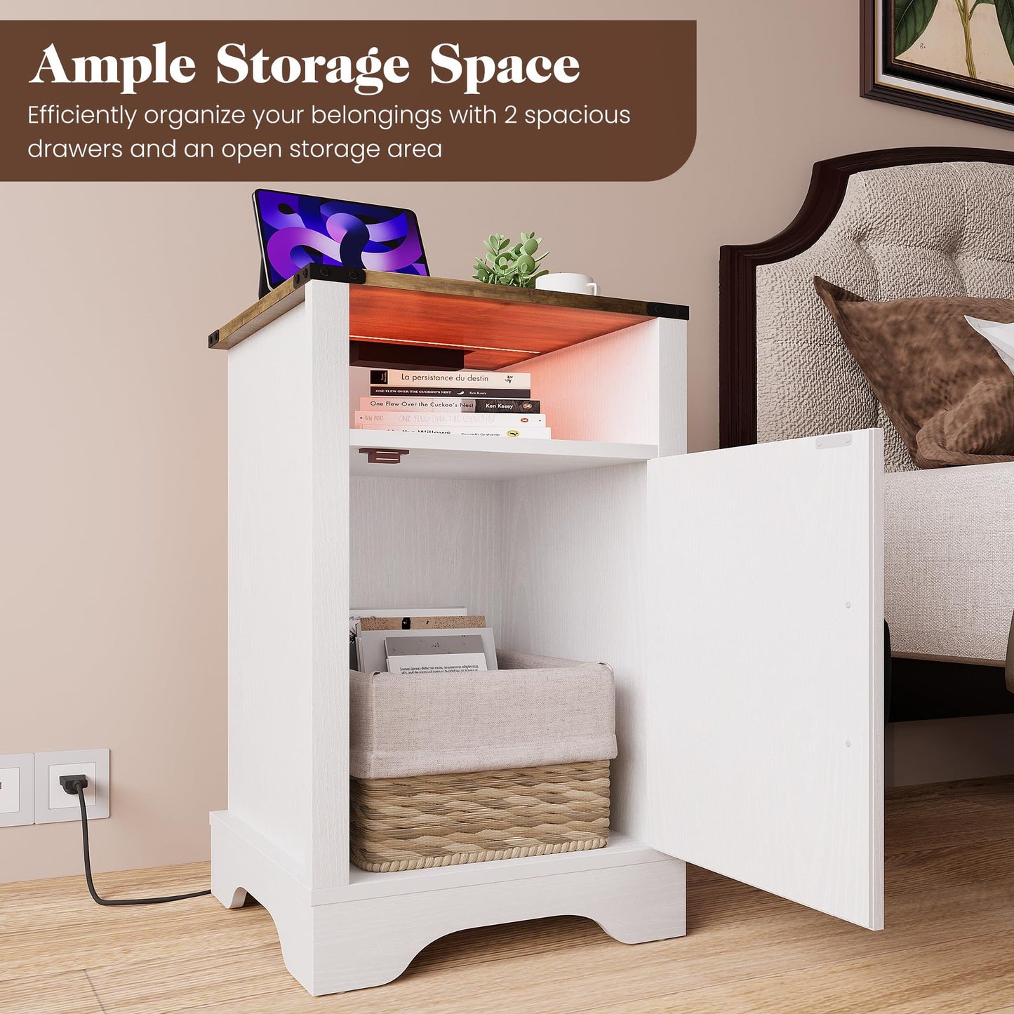 Superjoe LED Nightstand with Charging Station, Bedside Table with Storage Cabinet and Shelf, Rustic End Table, Farmhouse Wooden Side Table, for Bedroom, Living Room, White and Rustic Oak