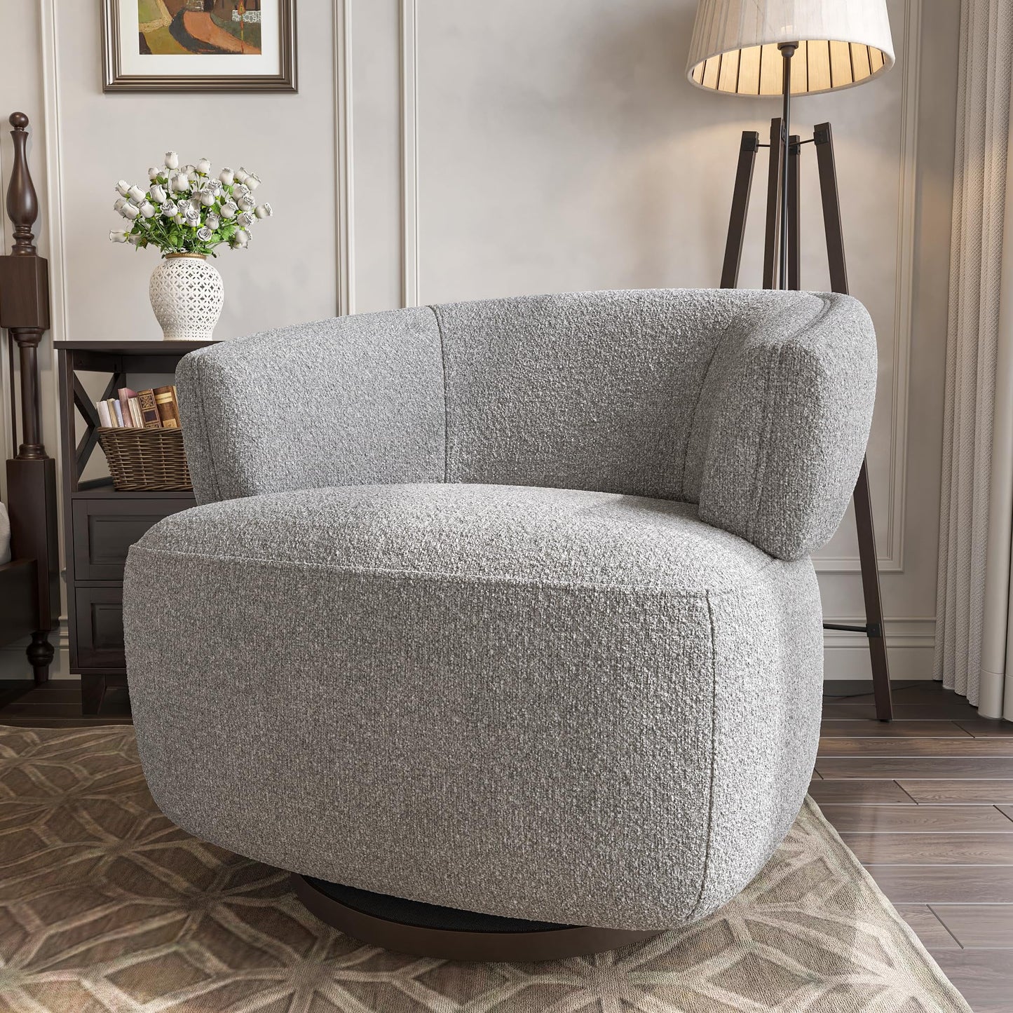 CozyHome Swivel Accent Chair, Fully Assembled Round Barrel Chairs, Oversized Upholstered Armchair with 360-Degree Base, Modern Club Chair for Living Room, Bedroom, Office, Grey