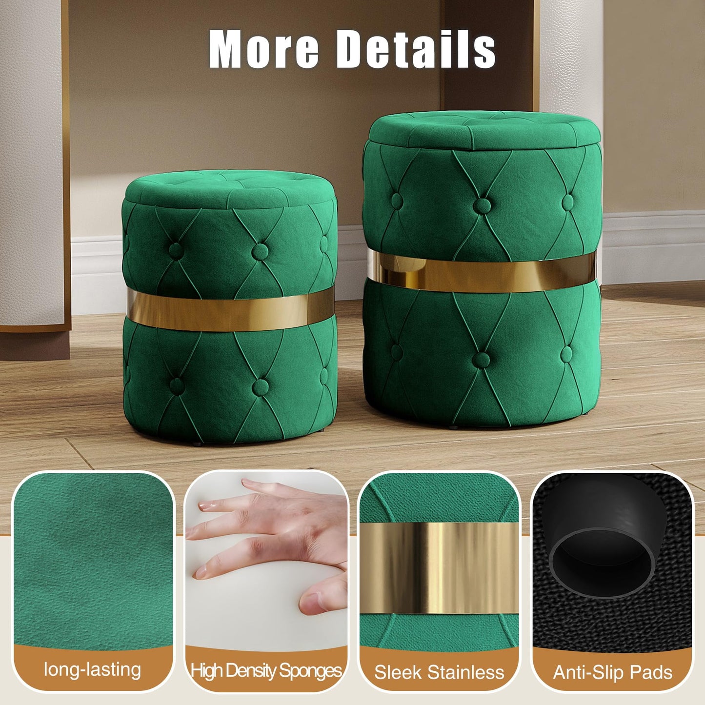 CozyHome Storage Ottoman Set of 2, Versatile Footrest Stool with Stainless Steel Base, Modern Round Vanity Stool Chair Foot Stools, Support 200lbs Padded Seat, for Living Room, Bedroom, Green