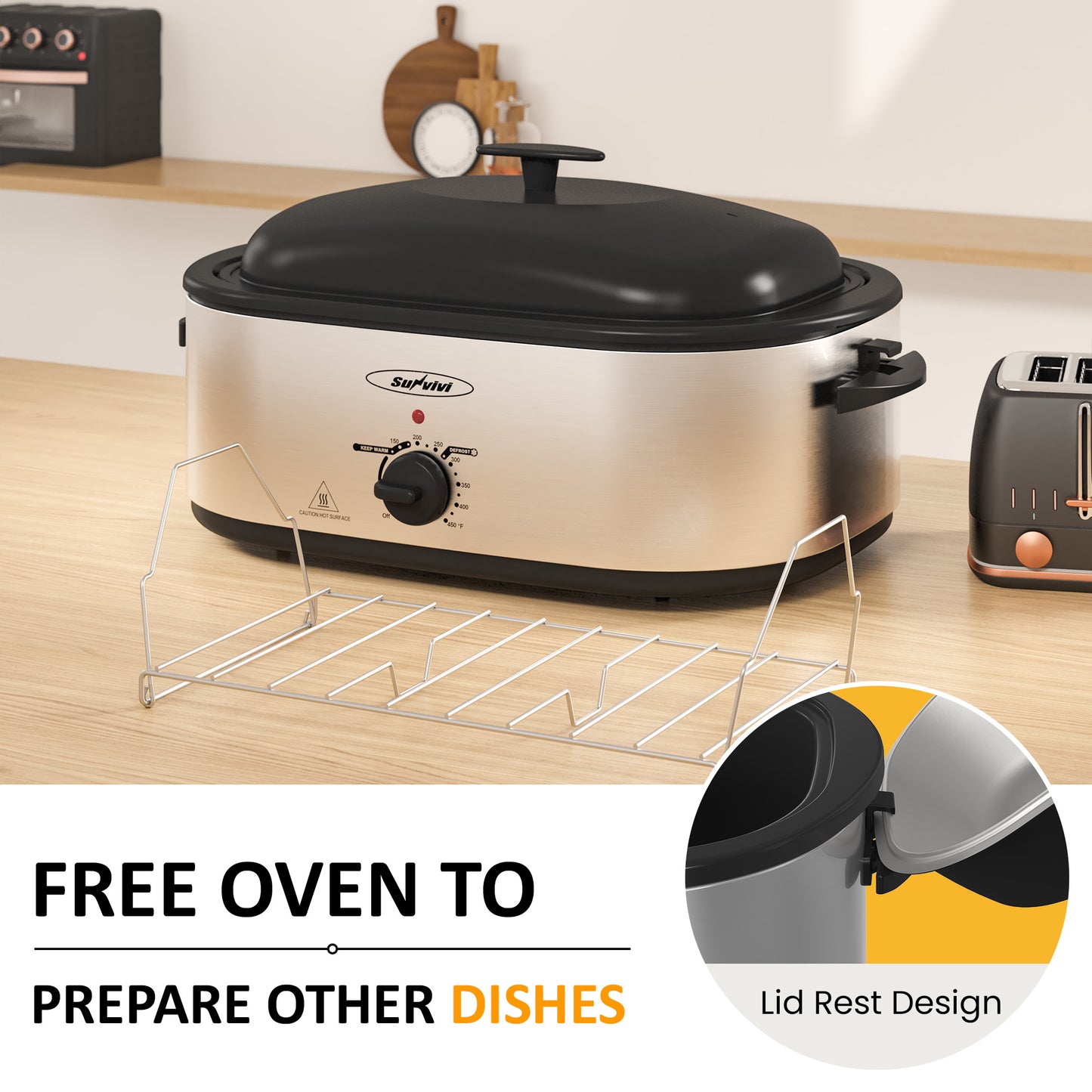Electric Roaster Oven, 18 QT Turkey Roaster with Self-Basting Lid and Buffet Server, Roaster Oven with Adjustable Temperature Control, Removable Pan & Rack for Turkey, Pizza, Meat, Stainless Steel, Silver