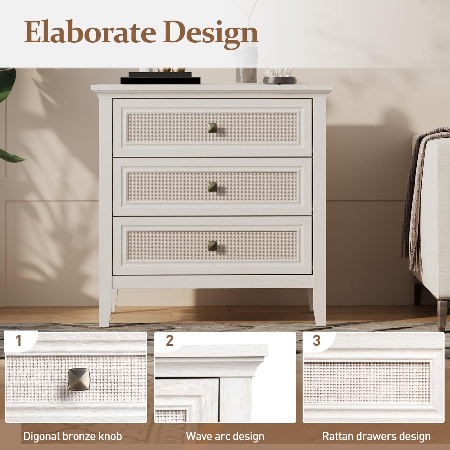 CozyHome 3 Drawer Nightstand, Rattan Dresser Table with Cane Drawers, Tall Boho Bedside Table Cabinet for Bedroom, Living Room, Entryway, Hallway, White
