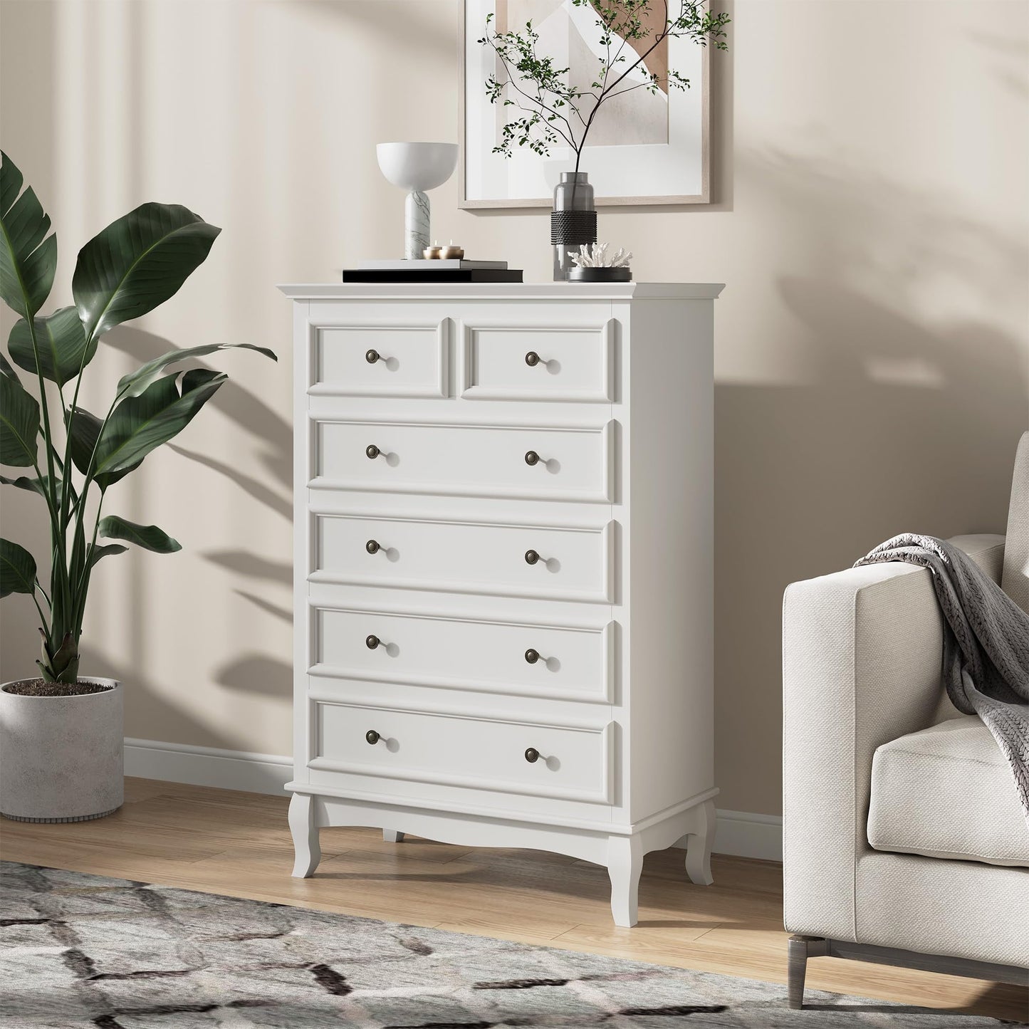 CozyHome White 6 Drawer Dresser, Rustic Tall Chest of Drawers, Modern Wood Dresser, Wooden Storage Closet Cabinet, Clothing Storage Organizer for Living Room, Bedroom, Hallway, Entryway