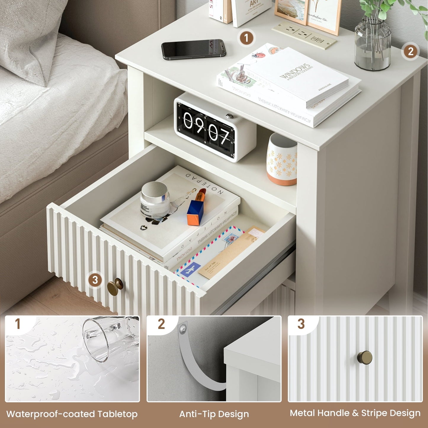 RoyalCraft Fluted Nightstand Set of 2 with Charging Station, White End Table with 2 Silent Slide Drawers & Storage Shelf, Modern Side Table, Wood Night Stand Cabinet for Living Room, Bedroom