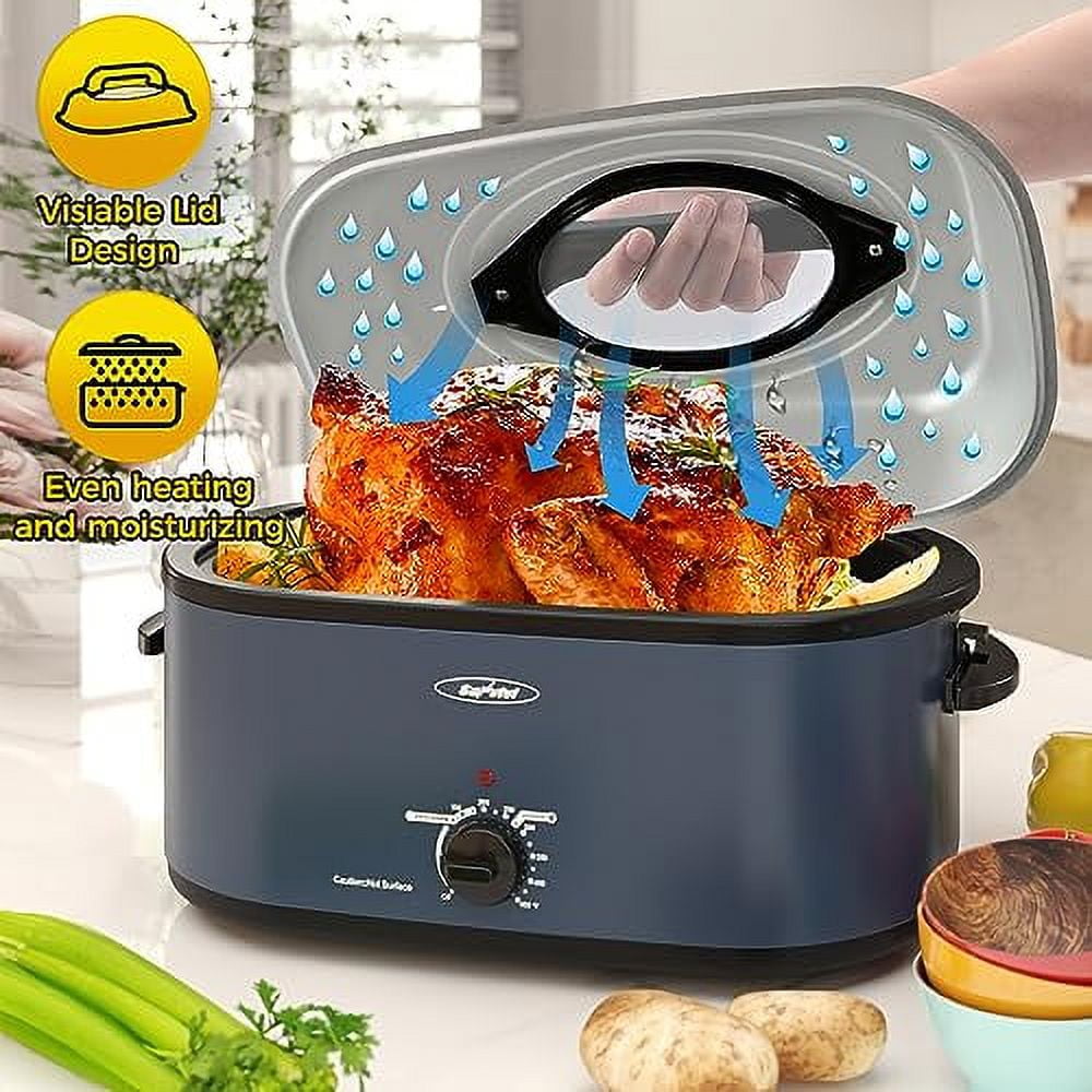 26 Quart Electric Turkey Roaster Oven with Visible Glass Lid,Removable Pan & Rack, Stainless Steel,Red