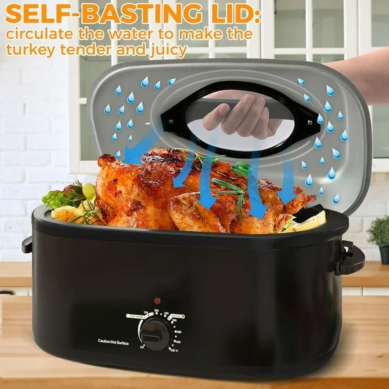 CozyHome 26 Quart Electric Roaster Oven Stainless Steel Turkey Roaster Oven, Self-Basting Lid Removable Insert Pot, Black
