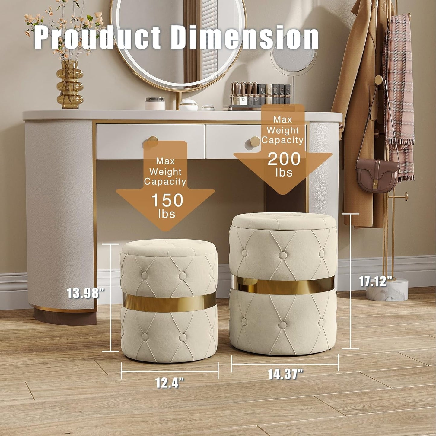 CozyHom Storage Ottoman Set of 2, Versatile Footrest Stool with Stainless Steel Base, Modern Round Vanity Stool Chair Foot Stools, Support 200lbs Padded Seat, for Living Room, Bedroom, White