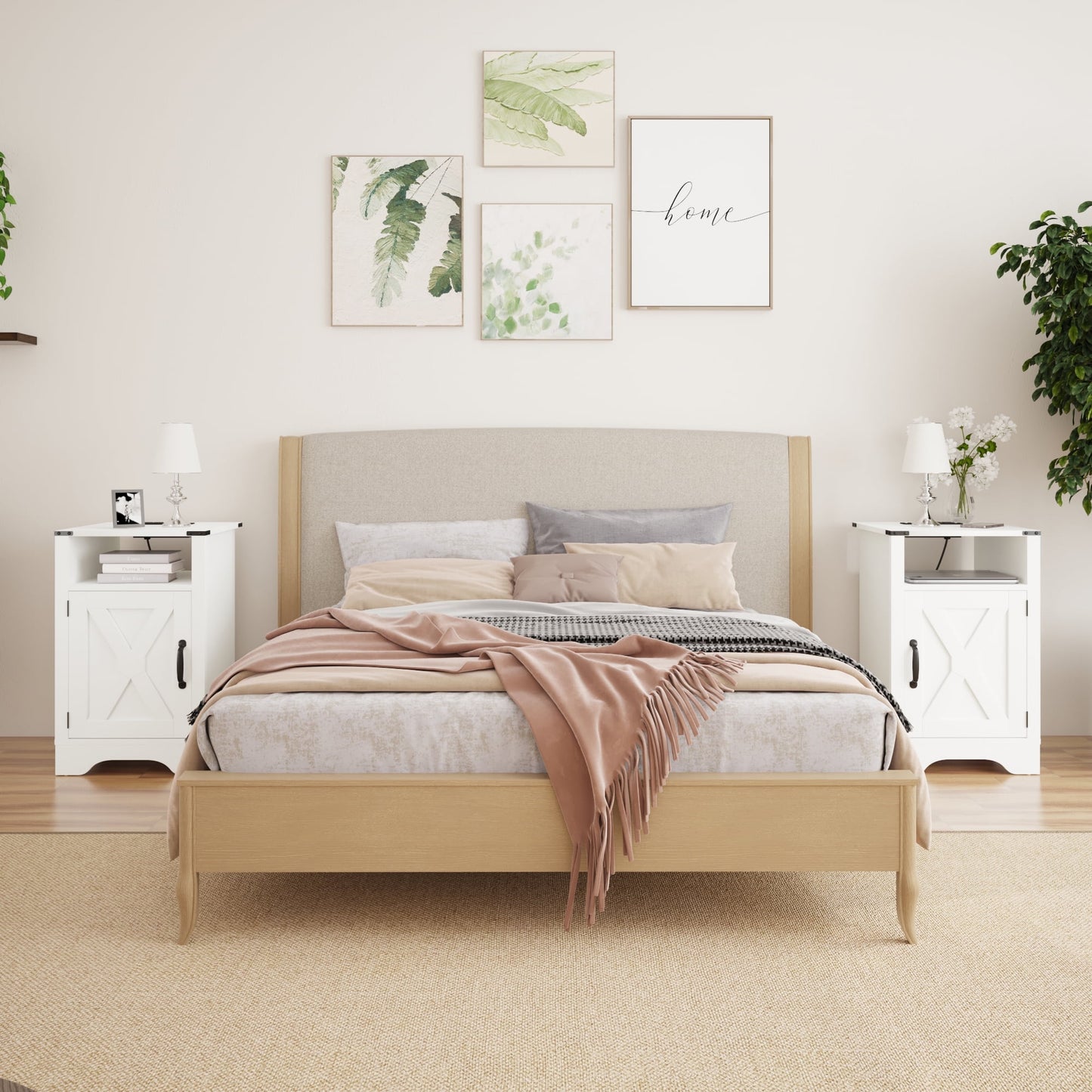 CozyHom Modern Farmhouse USB Nightstand Set of 2 With Storage Cabinet, End Side Table With Charging Station For Bedroom, White