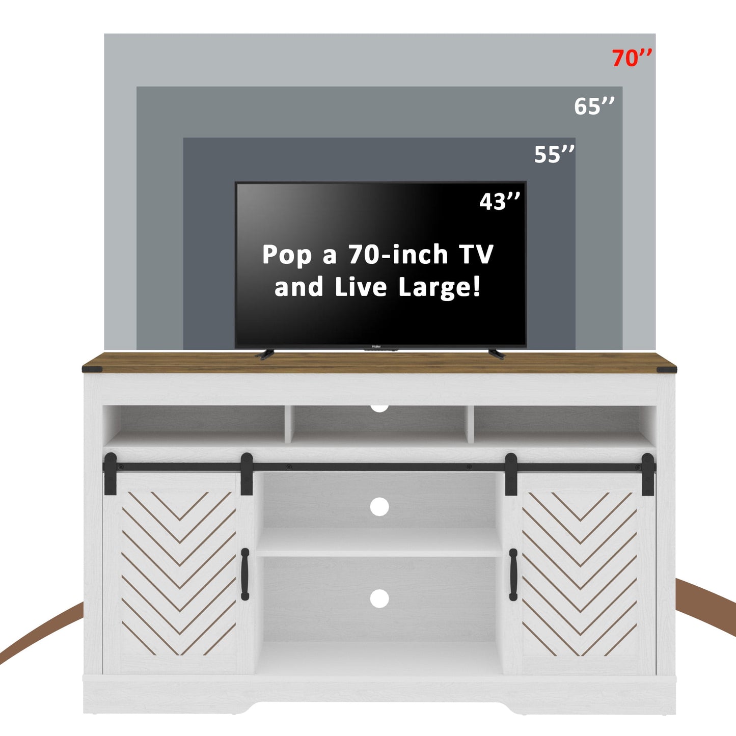 Superjoe TV Stand for TVs up to 70", 34" Tall Entertainment Center w/Sliding Doors, Modern Wood Media Console Storage Cabinet for Living Room Bedroom, Wood-Tone and White