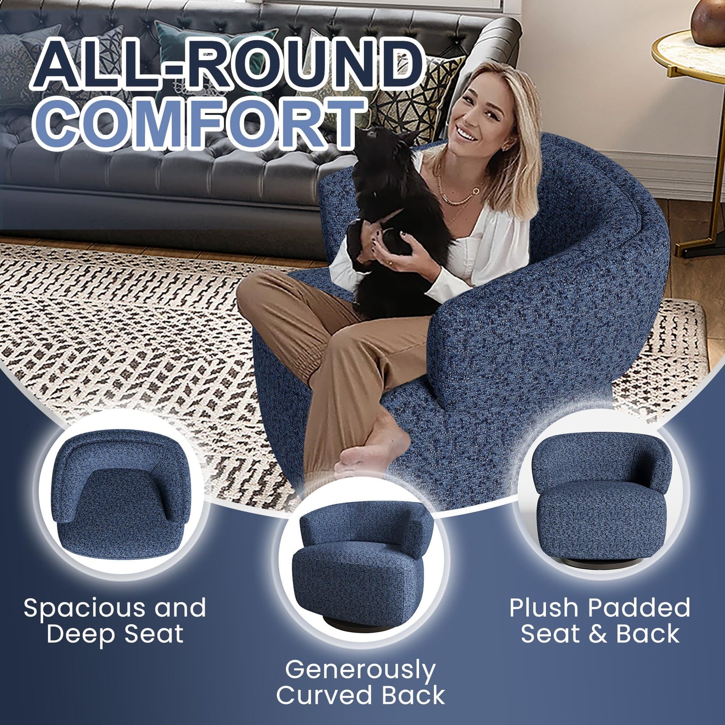 CozyHome Swivel Accent Chair, Fully Assembled Round Barrel Chairs, Oversized Upholstered Armchair with 360-Degree Base, Modern Club Chair for Living Room, Bedroom, Office, Blue