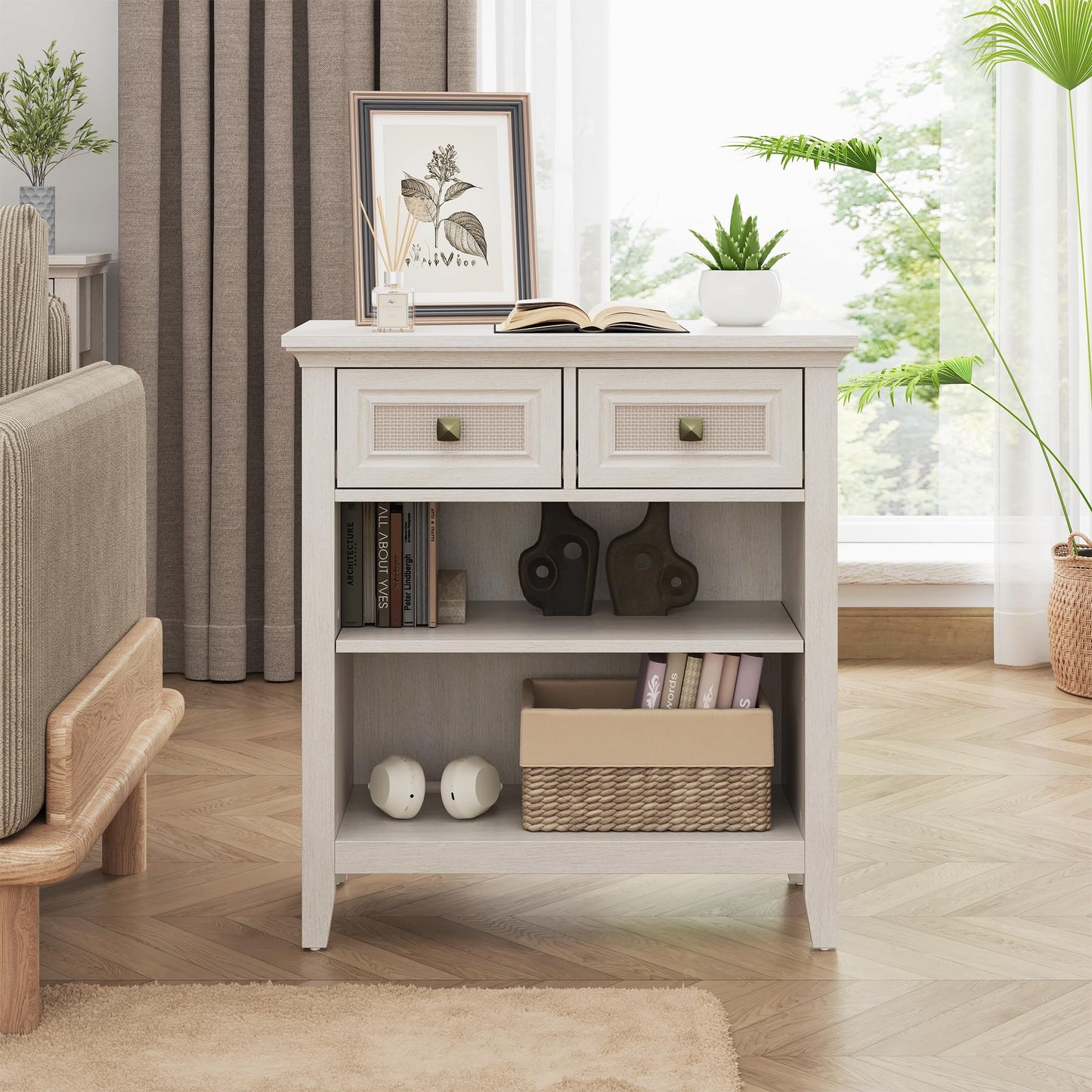 CozyHome Rattan Storage Cabinets, Accent Boho Storage Cabinet with 2 Drawers and 2 Shelves, Multipurpose Modern Storage Cabinet for Living Room, Entryway, Front Hall, Hallway, White