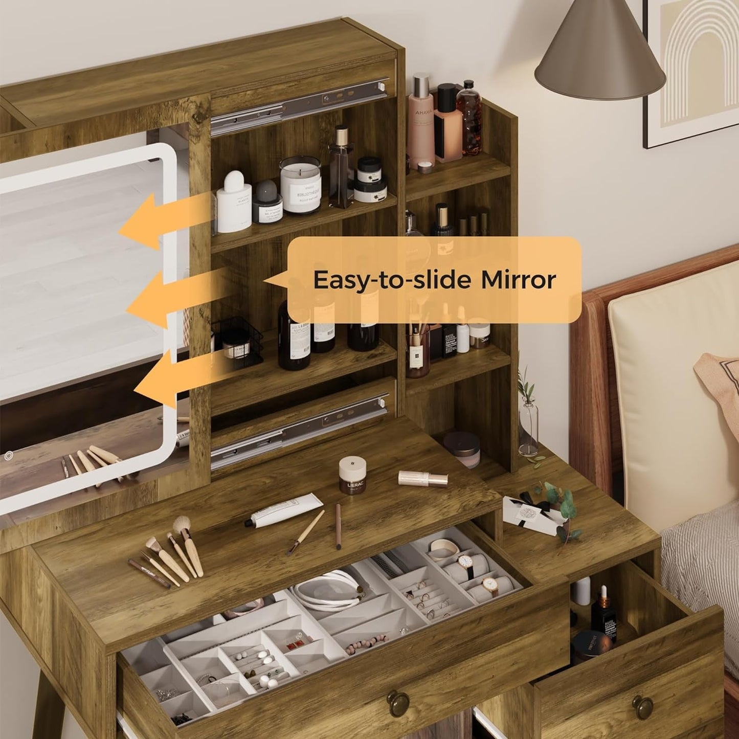 Royalcraft Makeup Vanity Table Set with Sliding Lighted Mirror