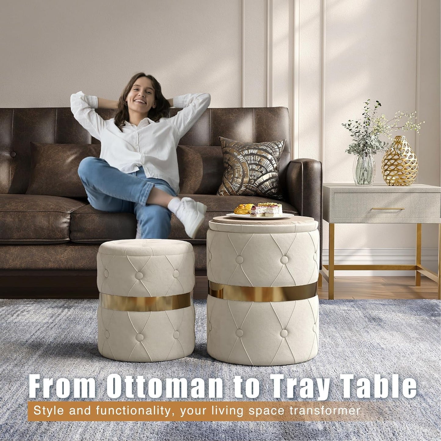 CozyHom Storage Ottoman Set of 2, Versatile Footrest Stool with Stainless Steel Base, Modern Round Vanity Stool Chair Foot Stools, Support 200lbs Padded Seat, for Living Room, Bedroom, White