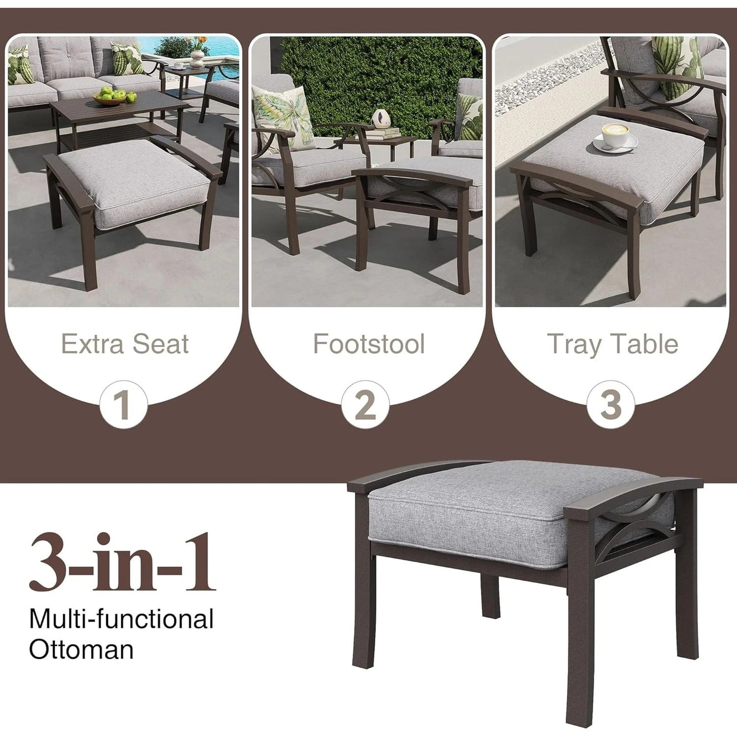 Outdoor Patio Furniture Set, 8 Piece Patio Conversation Set with Coffee Table Side Table and Ottomans, Metal Furniture Set for Porch Backyard Garden, Grey