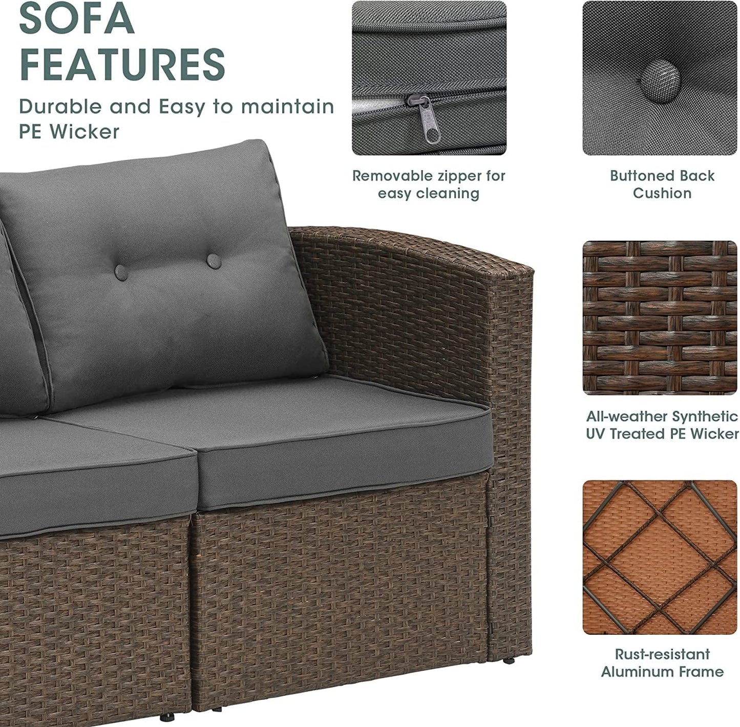 sunvivicollectionPatio Wicker Loveseat 2-Seater Sofa, Rattan Wicker Sofa for 2 Persons with Cushions for Garden, Beach, Balcony and Poolside, Aluminum Frame