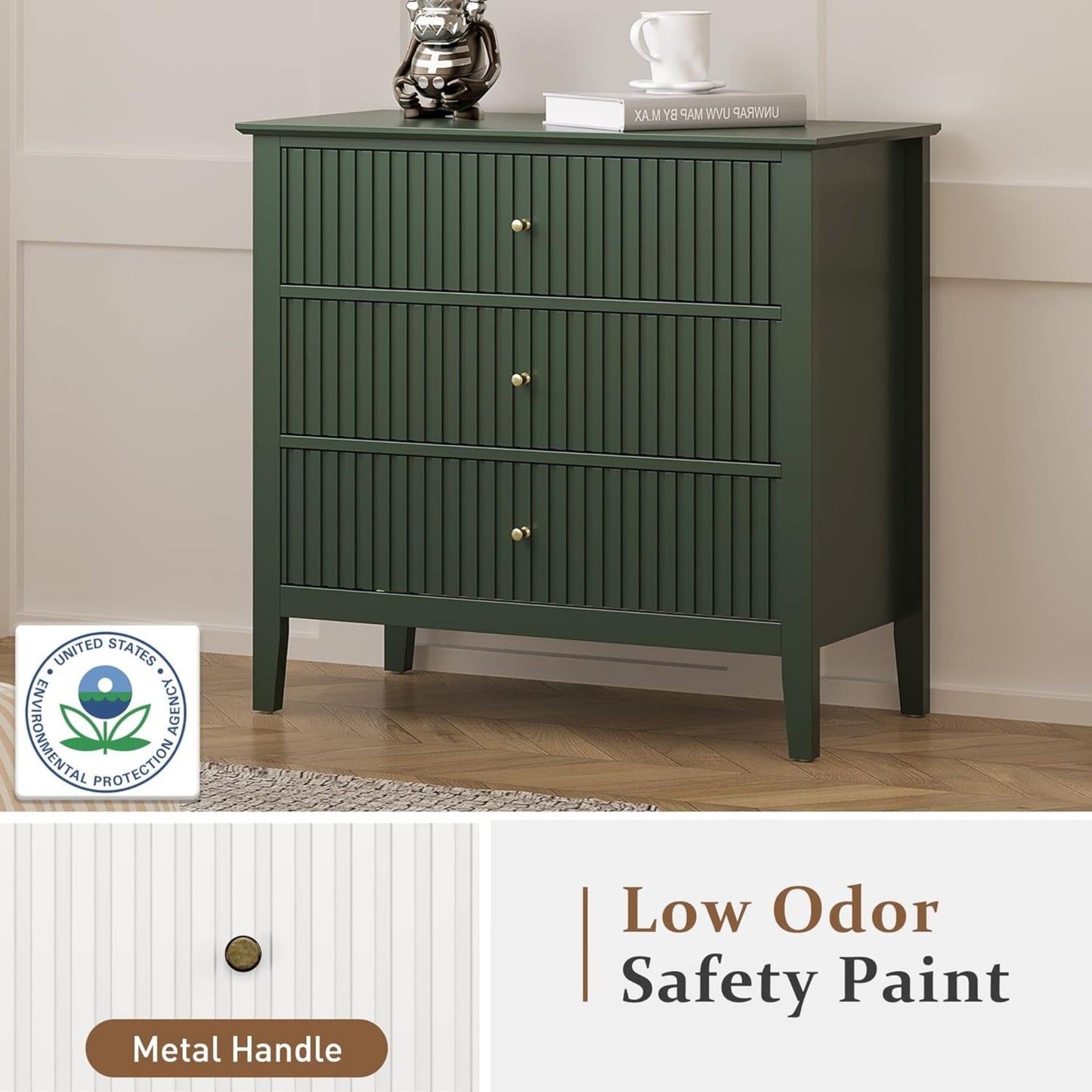 Superjoe Green 3 Drawer Dresser, Painted 30 Inch Tall Wood Nightstand with Storage, Wide Modern Chest of Drawers with Ball Bearing Slide for Bedroom Hallway Living Room Entryway Office