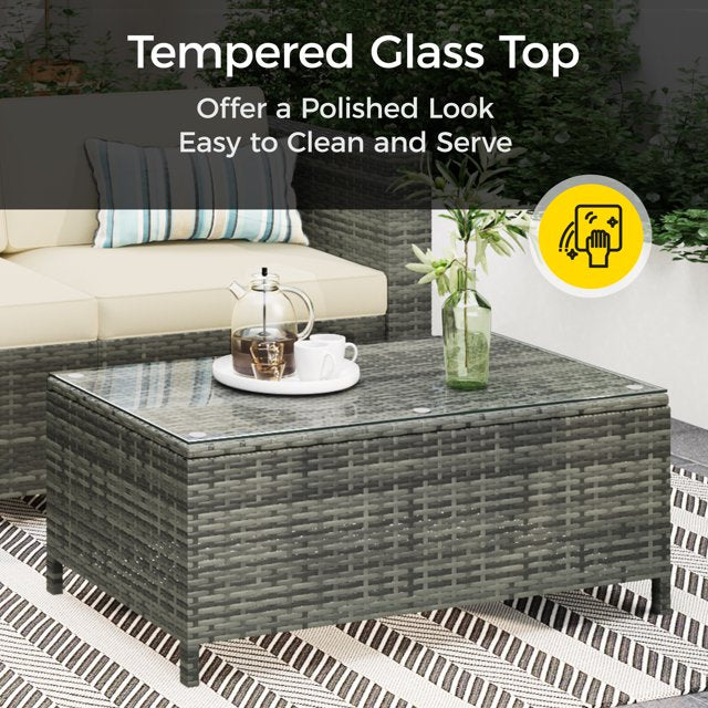 Royalcraft Patio Furniture Set,6 Pieces Outdoor Brown Wicker Patio Furniture Sets with Ottoman,Outdoor Sectional Furniture Patio Couch Set with Beige Anti-Slip Cushion