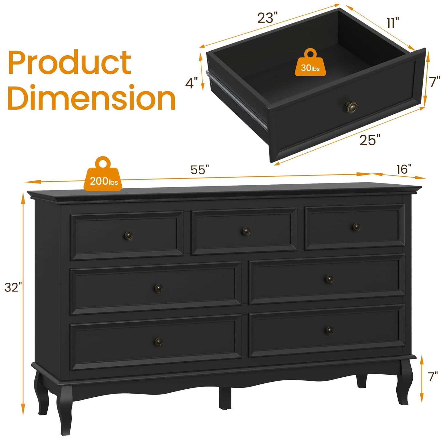 Superjoe Modern 7 Drawer Dresser with Solid Wood Legs and Painted Finish, Dresser for Bedroom, Black Chest of Drawers, Wooden Storage Closet Cabinet Organizer for Nursery, Living Room, Hallway