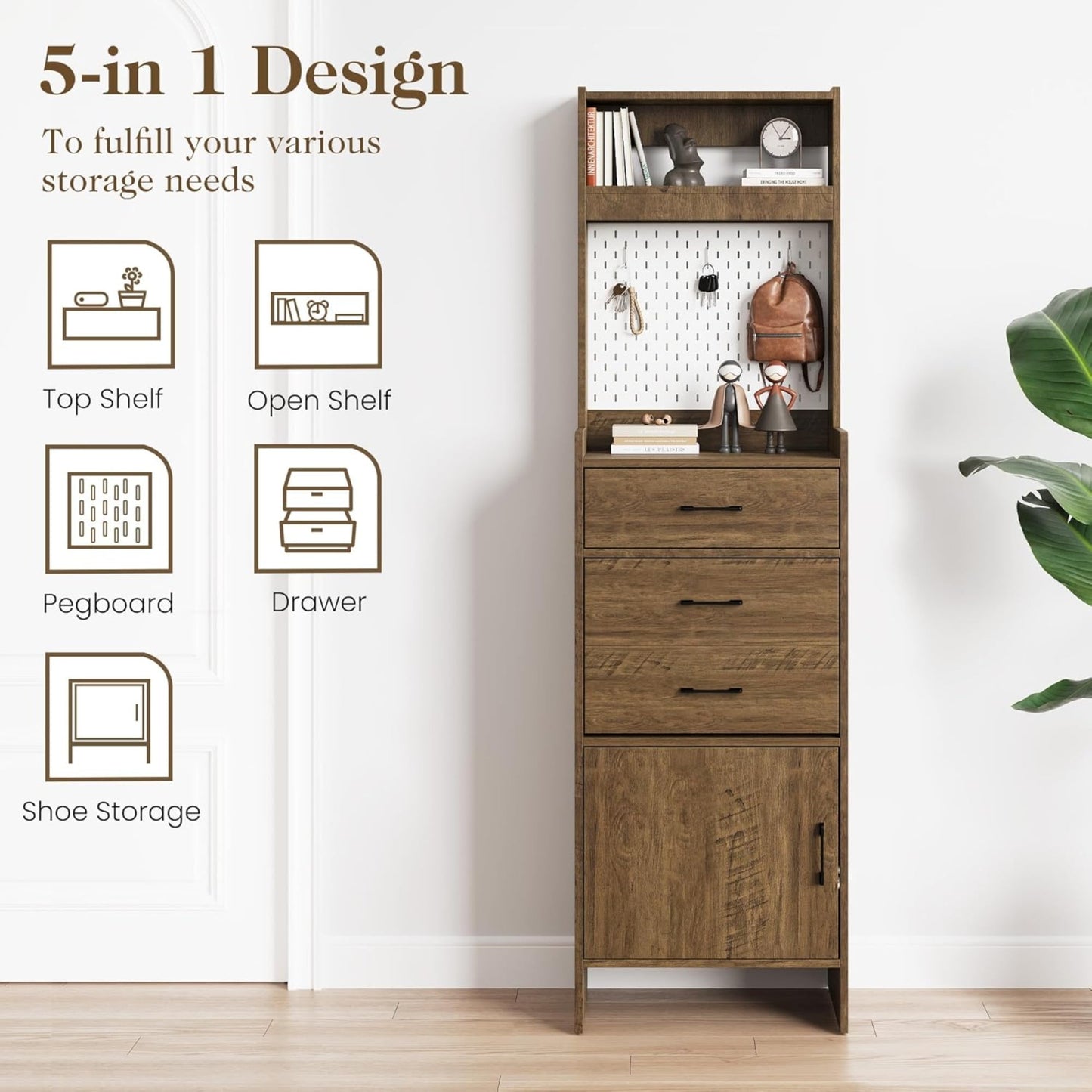 Superjoe 5-in-1 Shoe Cabinet with Flip Drawer, Entryway Shoe Storage with Pegboard, Adjustable Shelf, Wood Entryway Cabinet, Brown