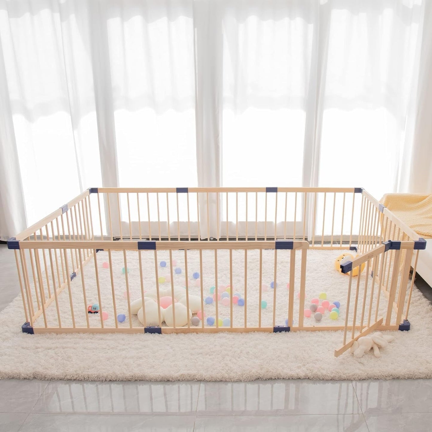 Superjoe Baby Playpen Kids Fence with Safety Gate, Activity Play Center, Safety and Anti-Drop Function, Safety Play Yard Indoor Outdoor Pure Wooden Baby Playpen (94.5"*55"*24")
