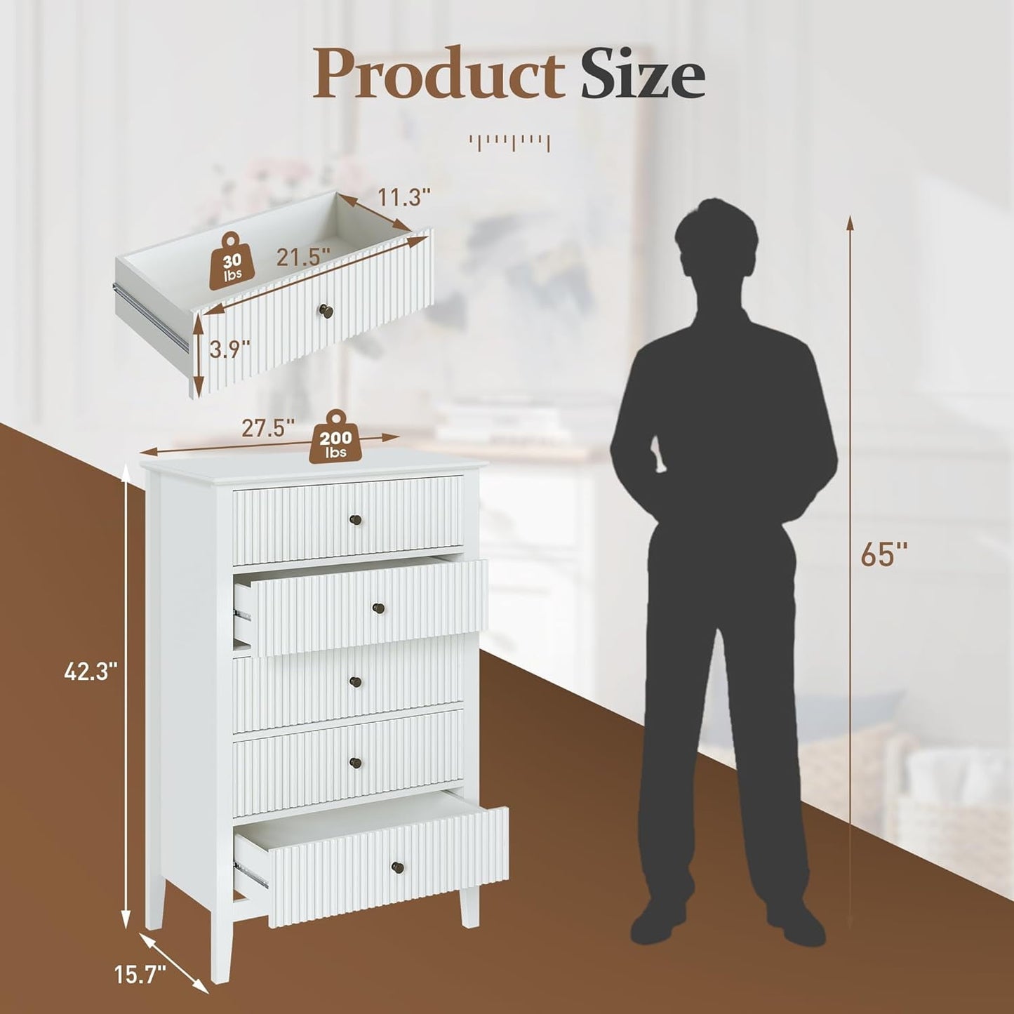 CozyHome 5 Drawers Tall White Dresser Cabinet, Wood Storage Cabinet Organizer for Living Room, Nursery, Hallway, Entryway, White